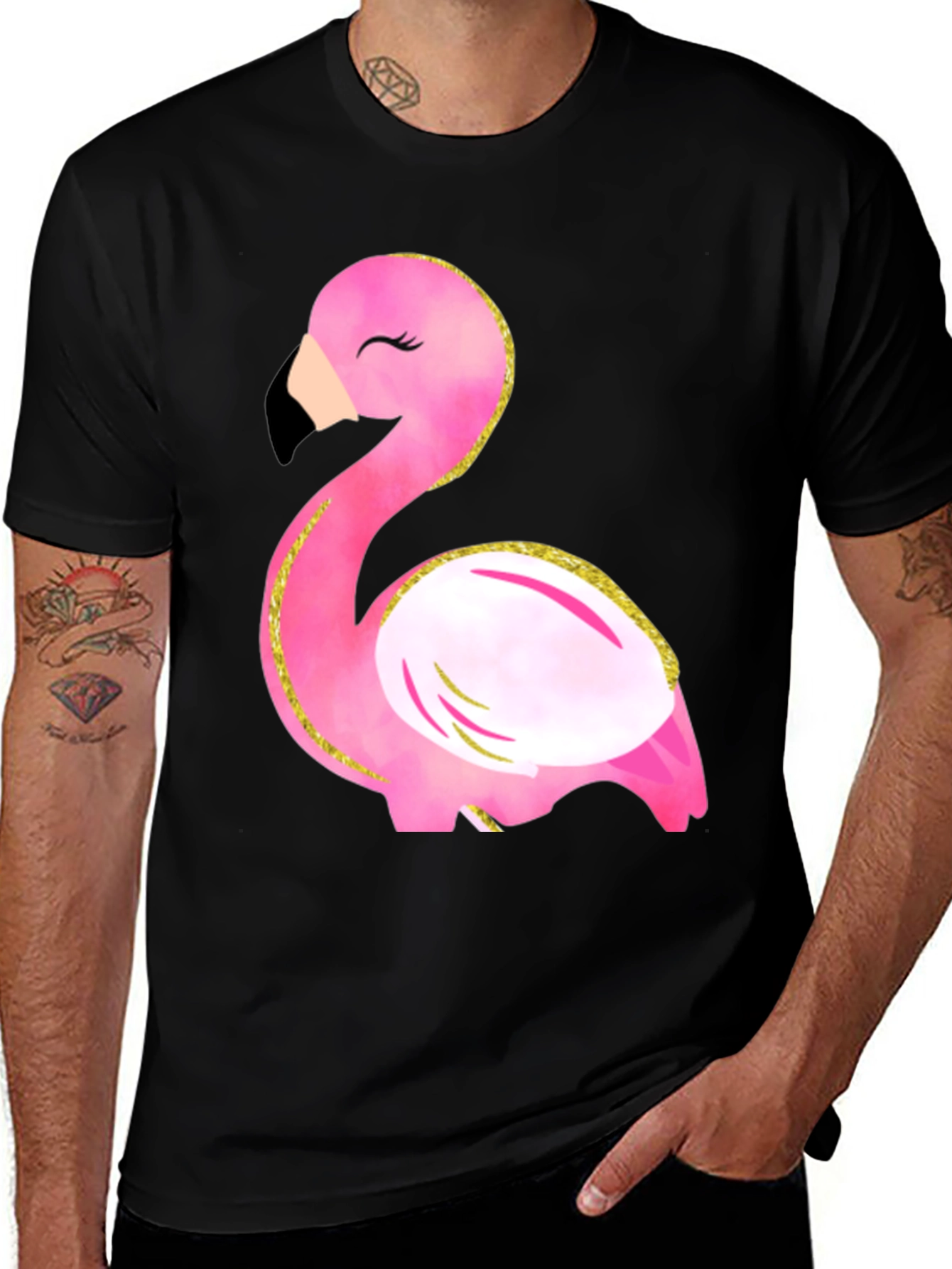 Variant 14 of Fun Flamingo Graphic Tee - Black Cotton T-Shirt