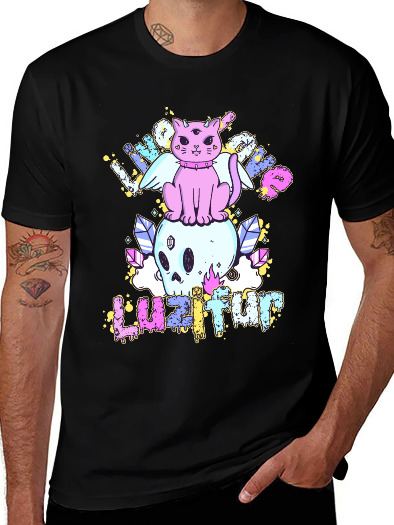 Variant 4 of Cute Cat Skull Graphic Tee - Black Cotton Shirt