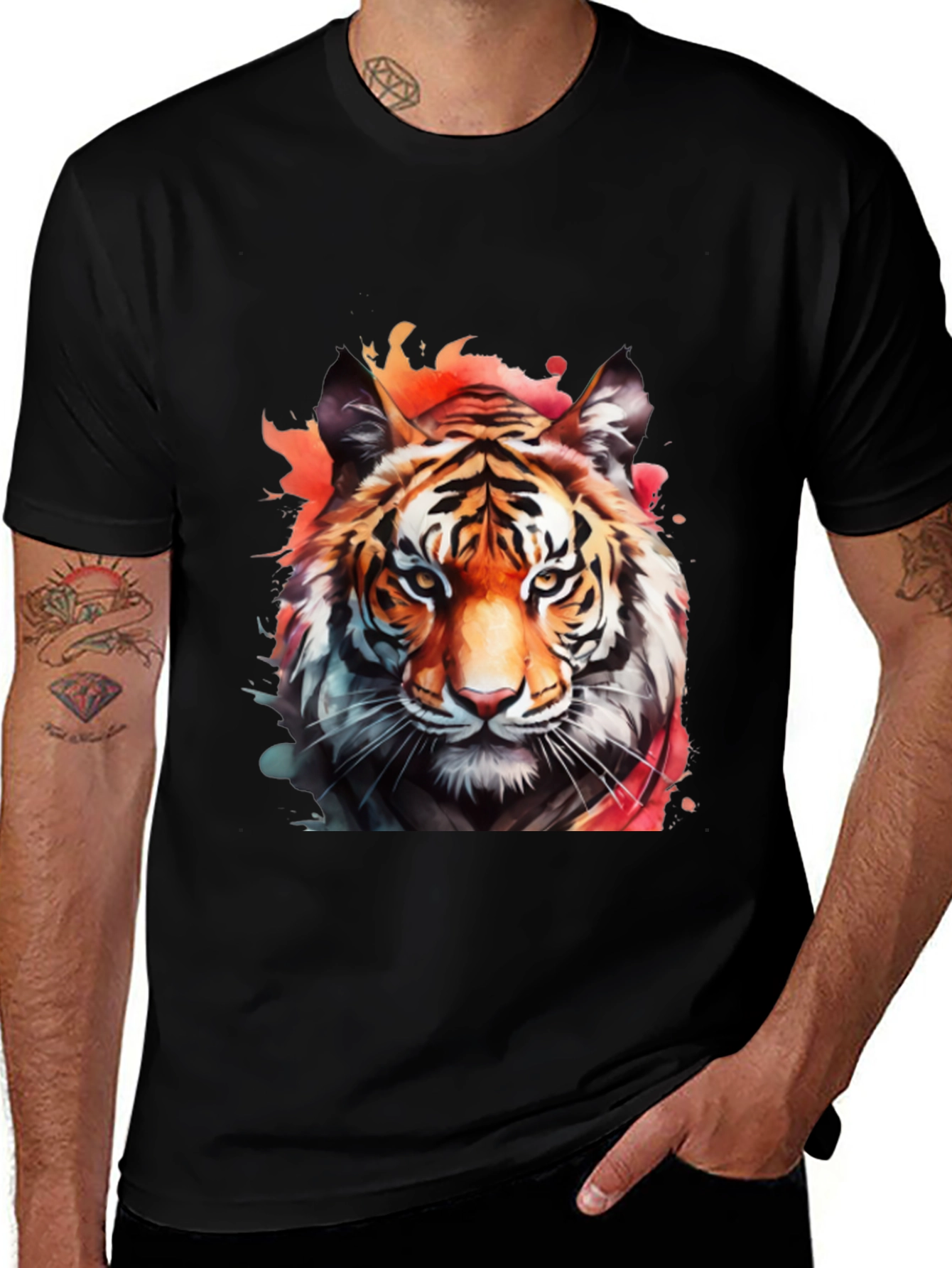 Variant 13 of Watercolor Tiger Graphic Tee - Men's Black T-Shirt