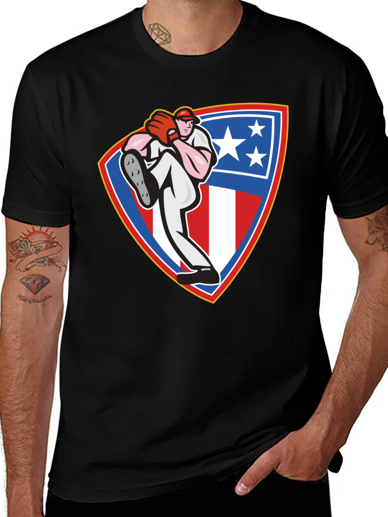 Variant 11 of Baseball Pitcher Graphic Tee - Patriotic Shield Design