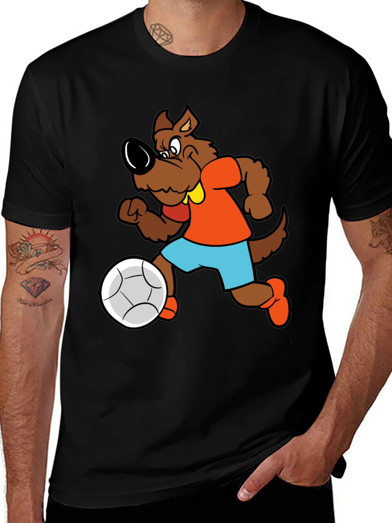 Variant 28 of Cartoon Dog Playing Soccer Black T-Shirt