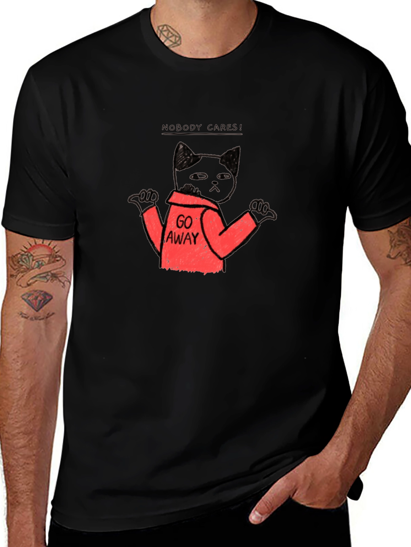 Black Funny Cat Graphic T-Shirt - Nobody Cares Go Away! main image