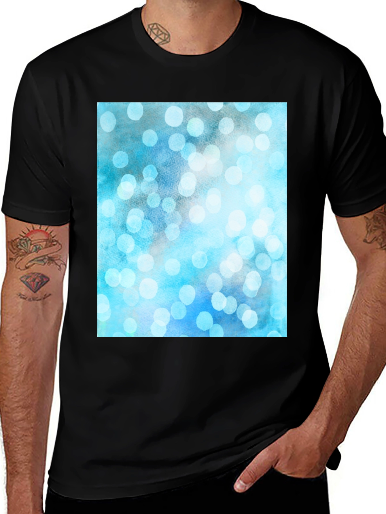 Variant 15 of Men's Black T-Shirt with Abstract Blue Bokeh Design