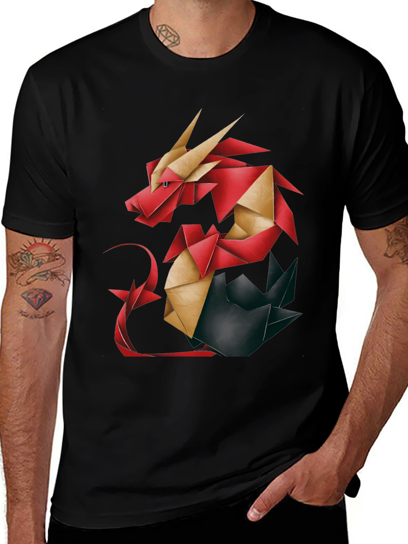 Variant 8 of Origami Dragon Graphic Tee - Stylish Men's Black T-Shirt