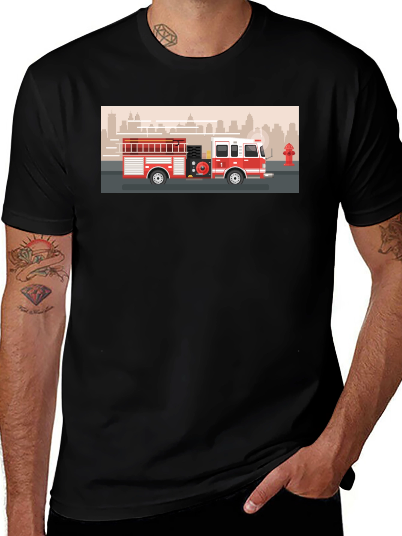 Variant 3 of Fire Truck Graphic Tee - Black Casual T-Shirt