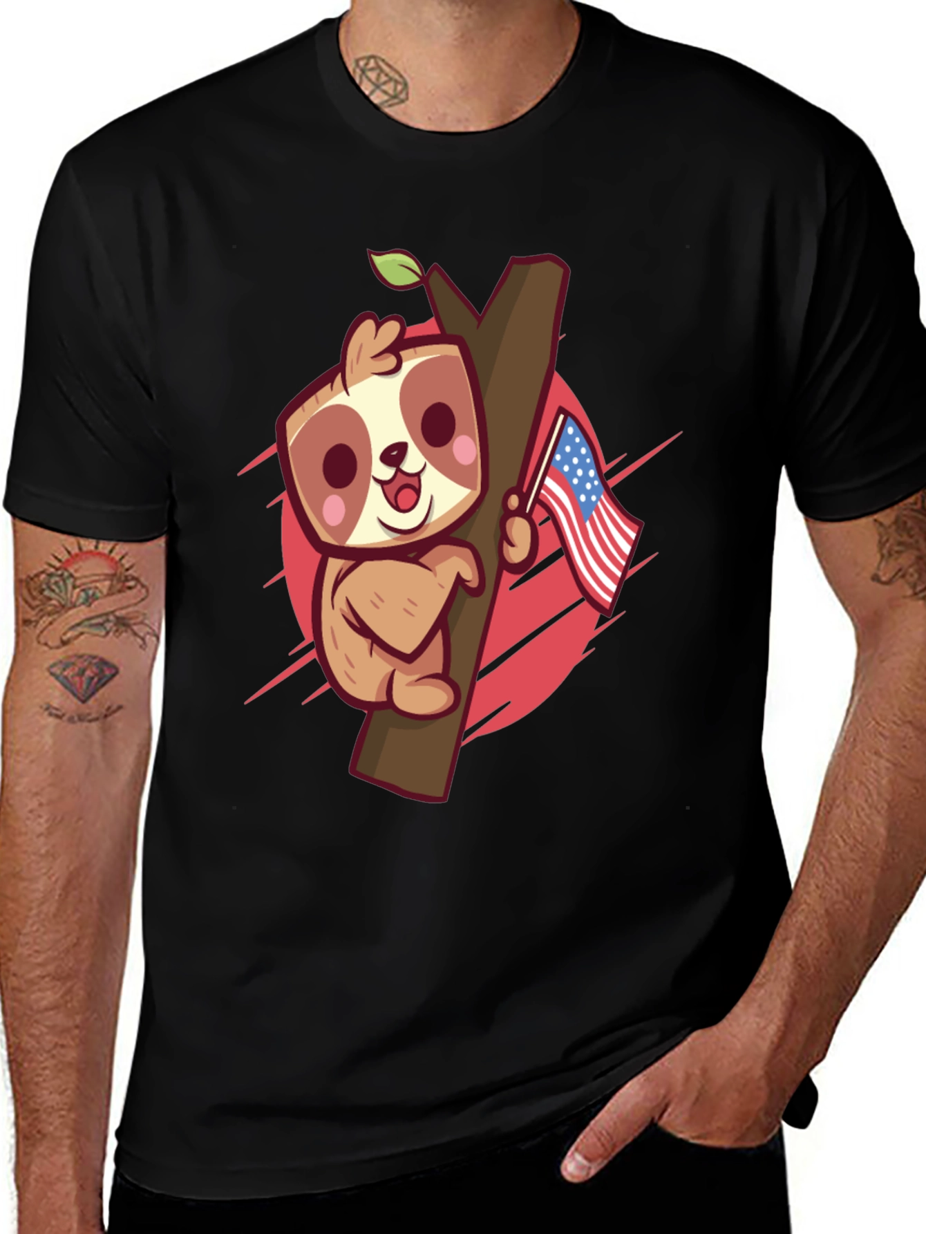 Variant 7 of Cute Sloth Holding US Flag Graphic Tee
