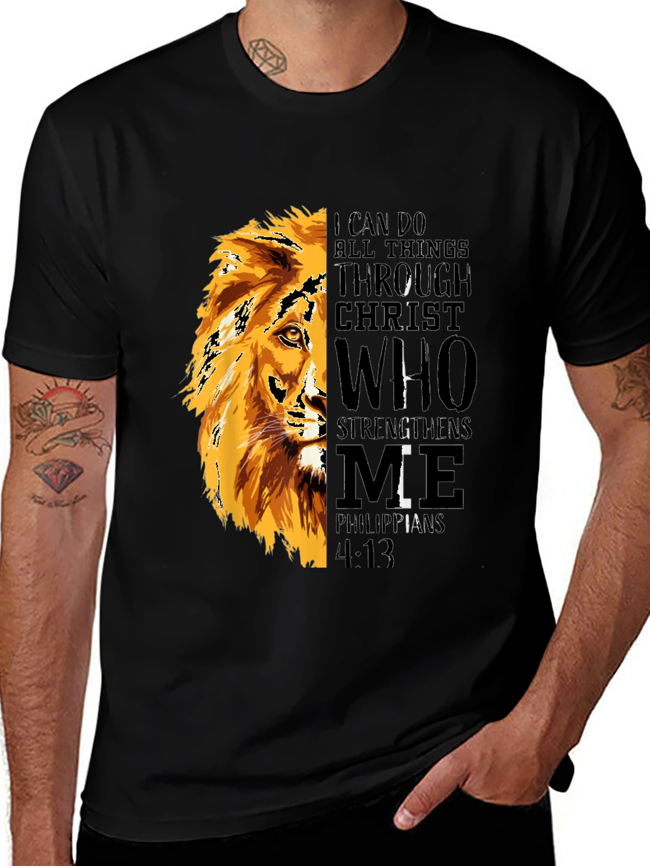 Variant 27 of Lion Graphic Print T-Shirt - Philippians 4:13 - Black