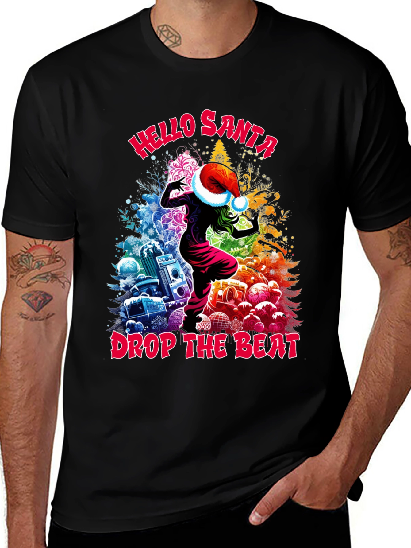 Variant 5 of Hello Santa Drop the Beat Black T-Shirt
