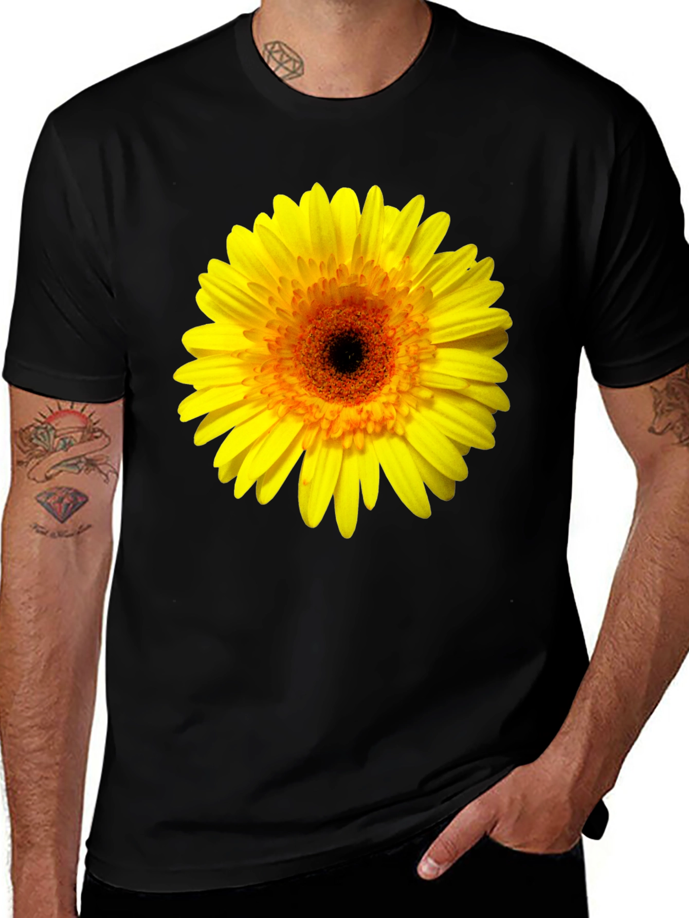 Black T-Shirt with Vibrant Yellow Gerbera Daisy