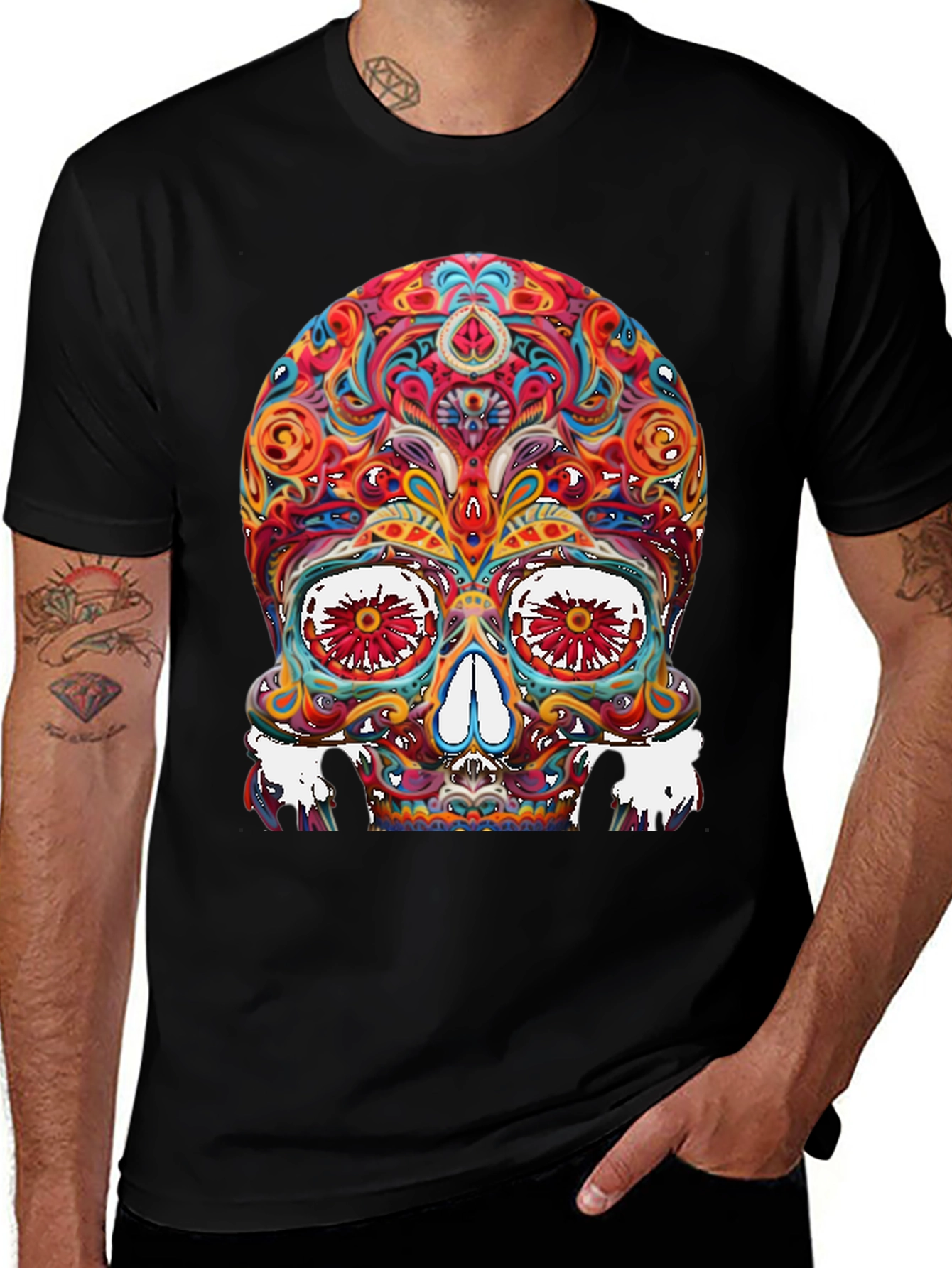 Variant 11 of Colorful Skull Graphic T-Shirt - Men's Black Tee
