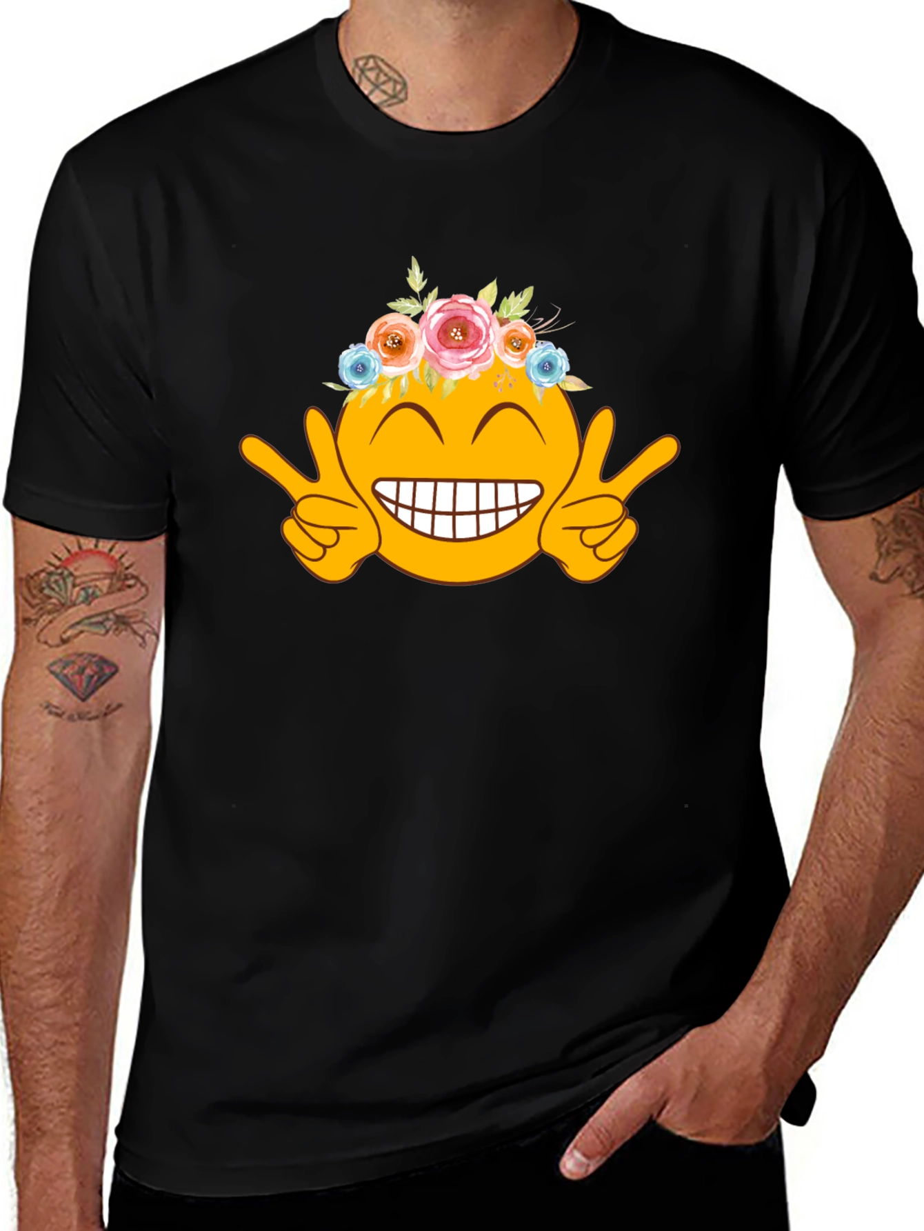 Variant 4 of Emoji Flower Crown Black T-Shirt