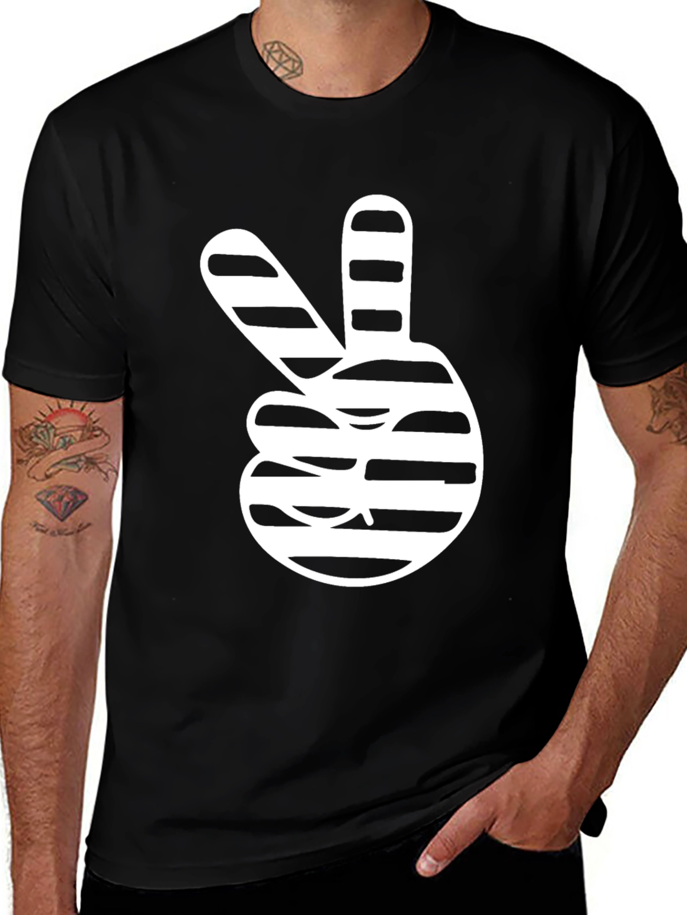 Variant 28 of Peace Sign Striped Graphic Tee - Stylish Black T-Shirt