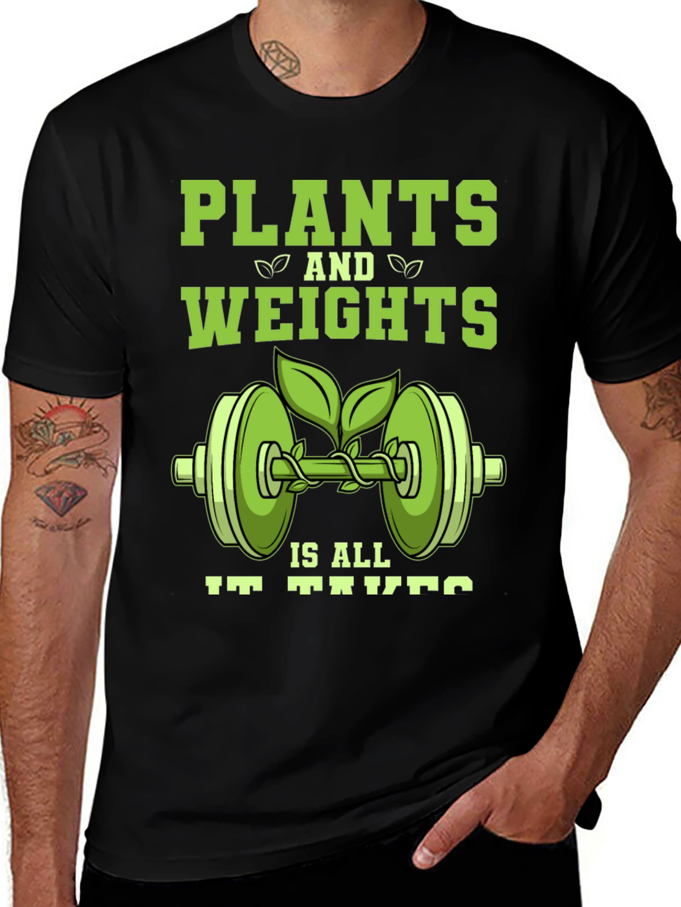 Black Plants and Weights T-Shirt - Vegan Fitness Apparel main image