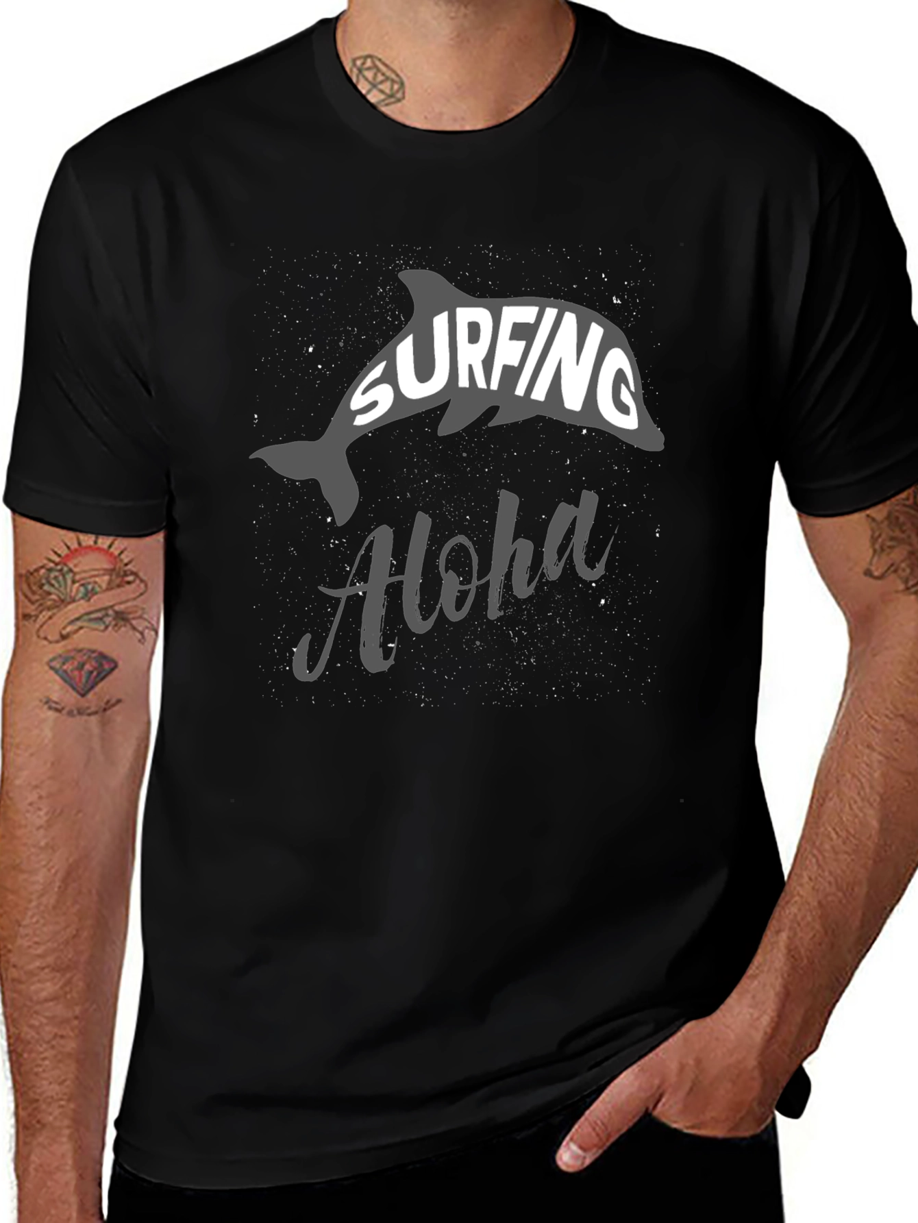 Variant 19 of Surfing Aloha Dolphin Graphic Tee - Black
