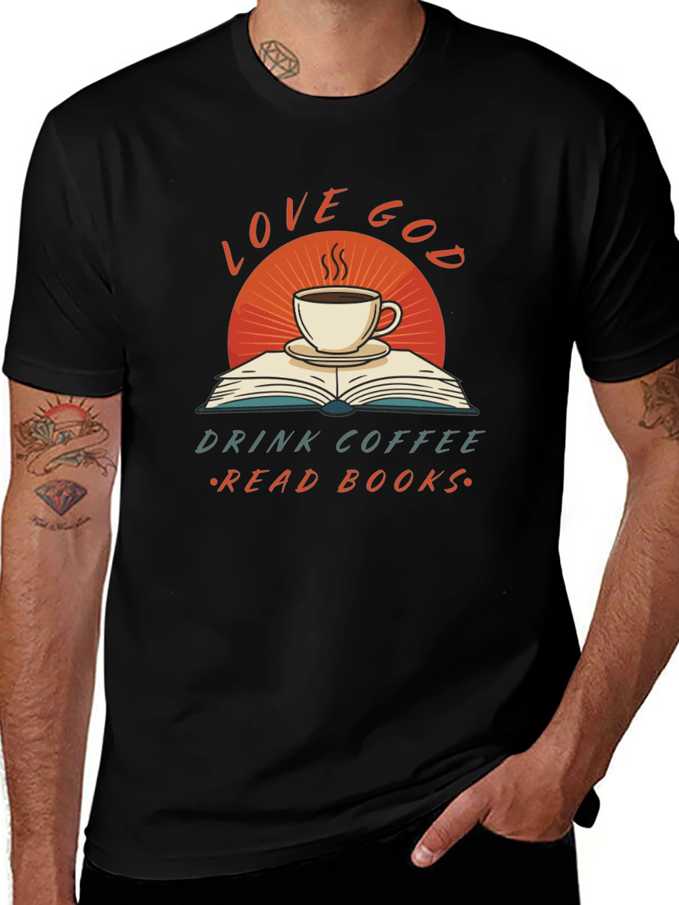 Variant 2 of Love God Coffee Books Black T-Shirt