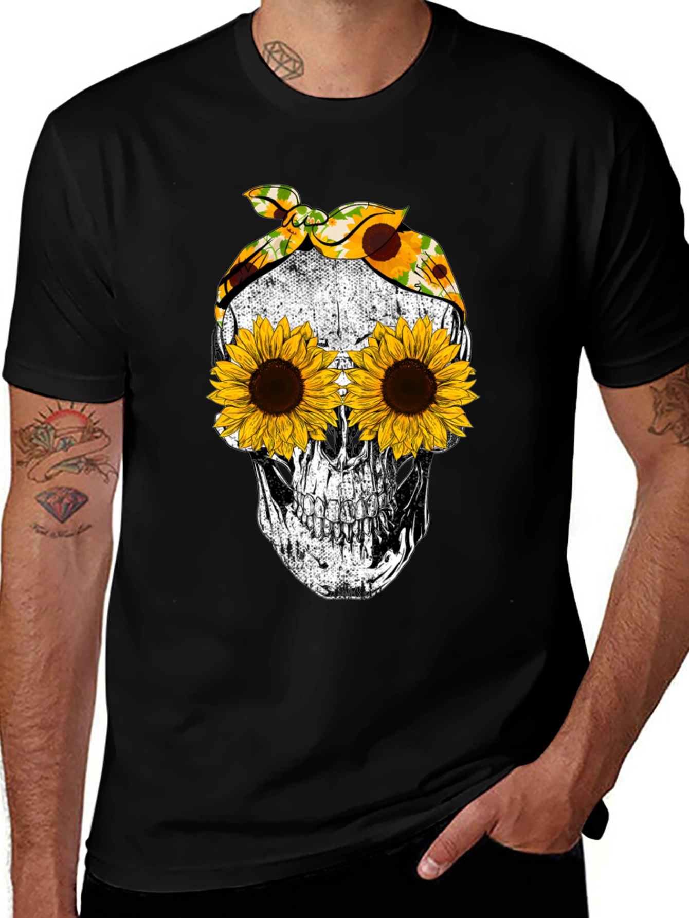 Variant 25 of Skull Sunflower Graphic Tee - Black