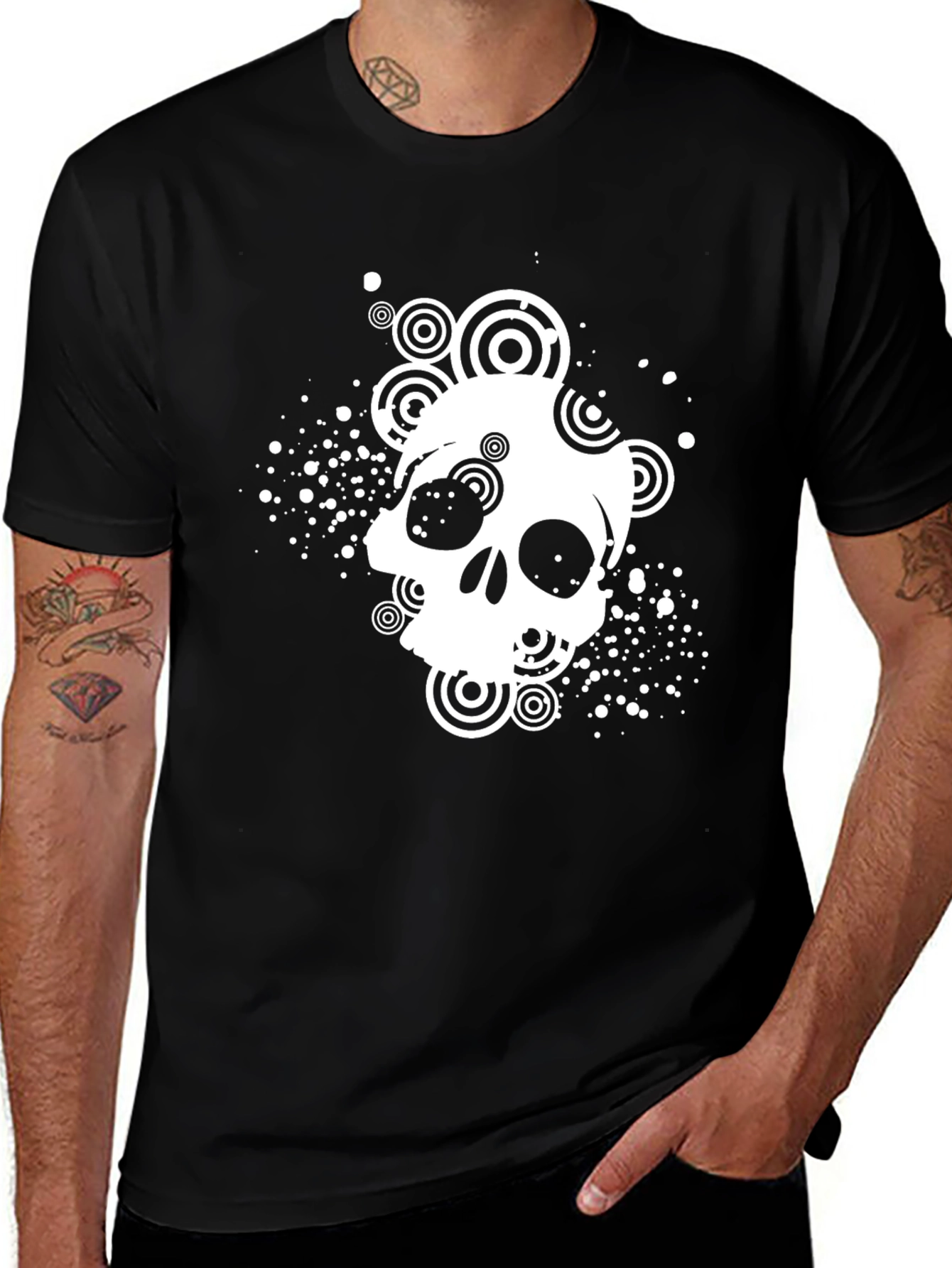 Variant 26 of Skull Graphic Tee - Modern Circles Design - Black Cotton T-Shirt