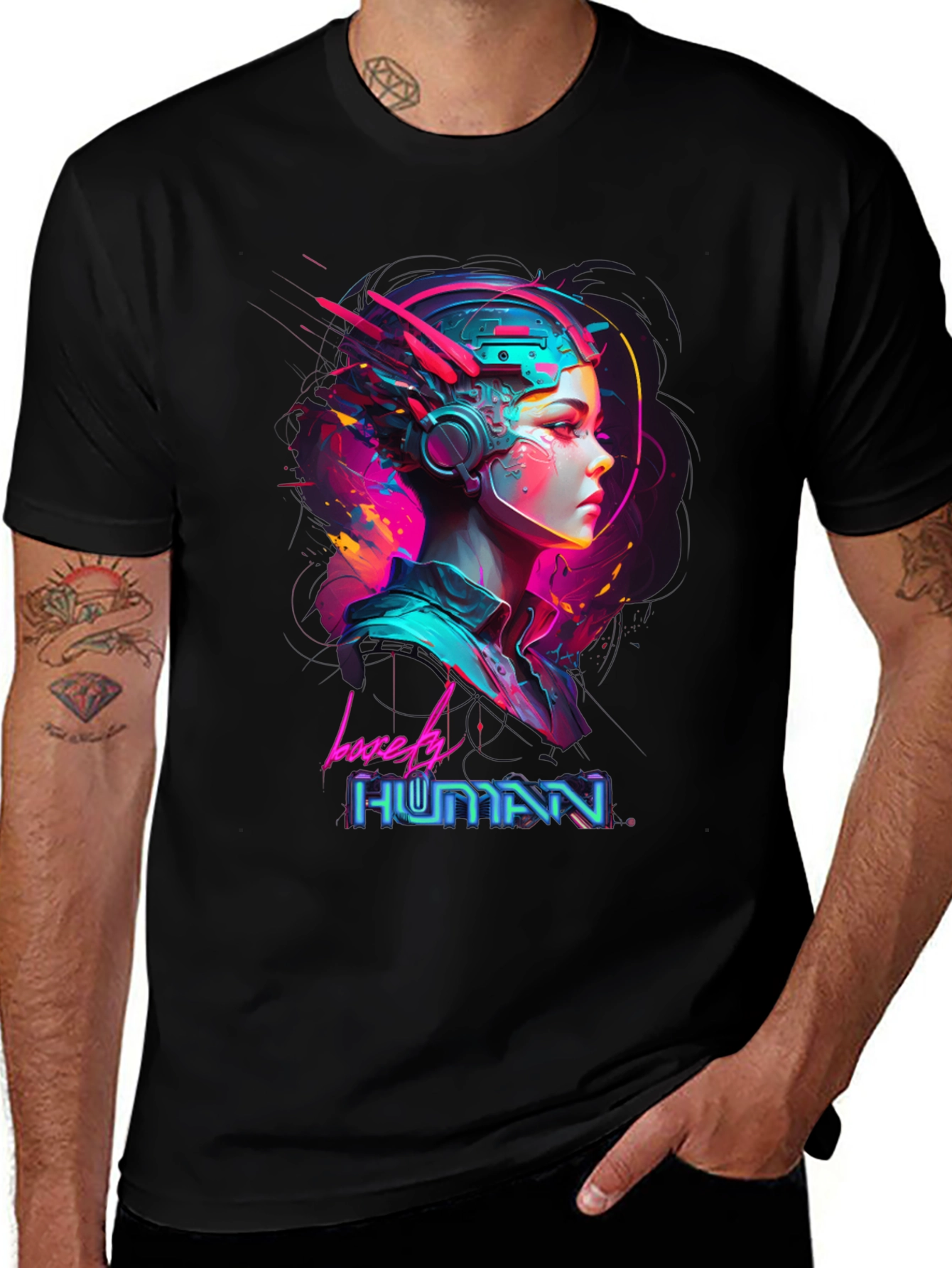Variant 19 of Lovely Human Cyberpunk Style Black T-Shirt