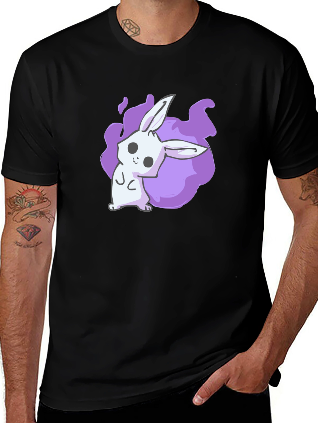 Black Cute Anime Bunny Graphic Black T-Shirt main image