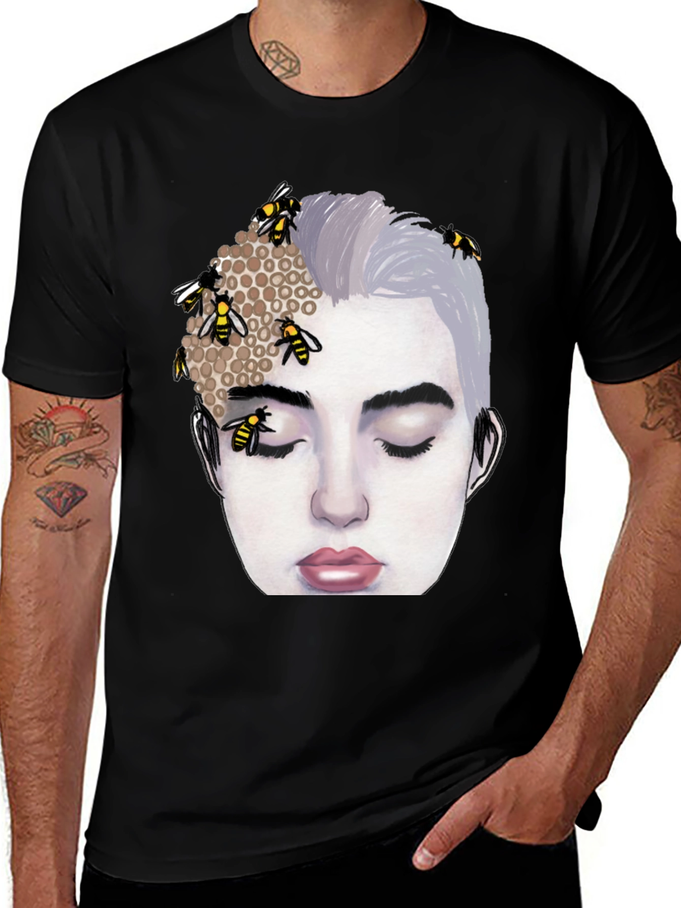 Variant 7 of Bee Hive Head Graphic Black T-Shirt