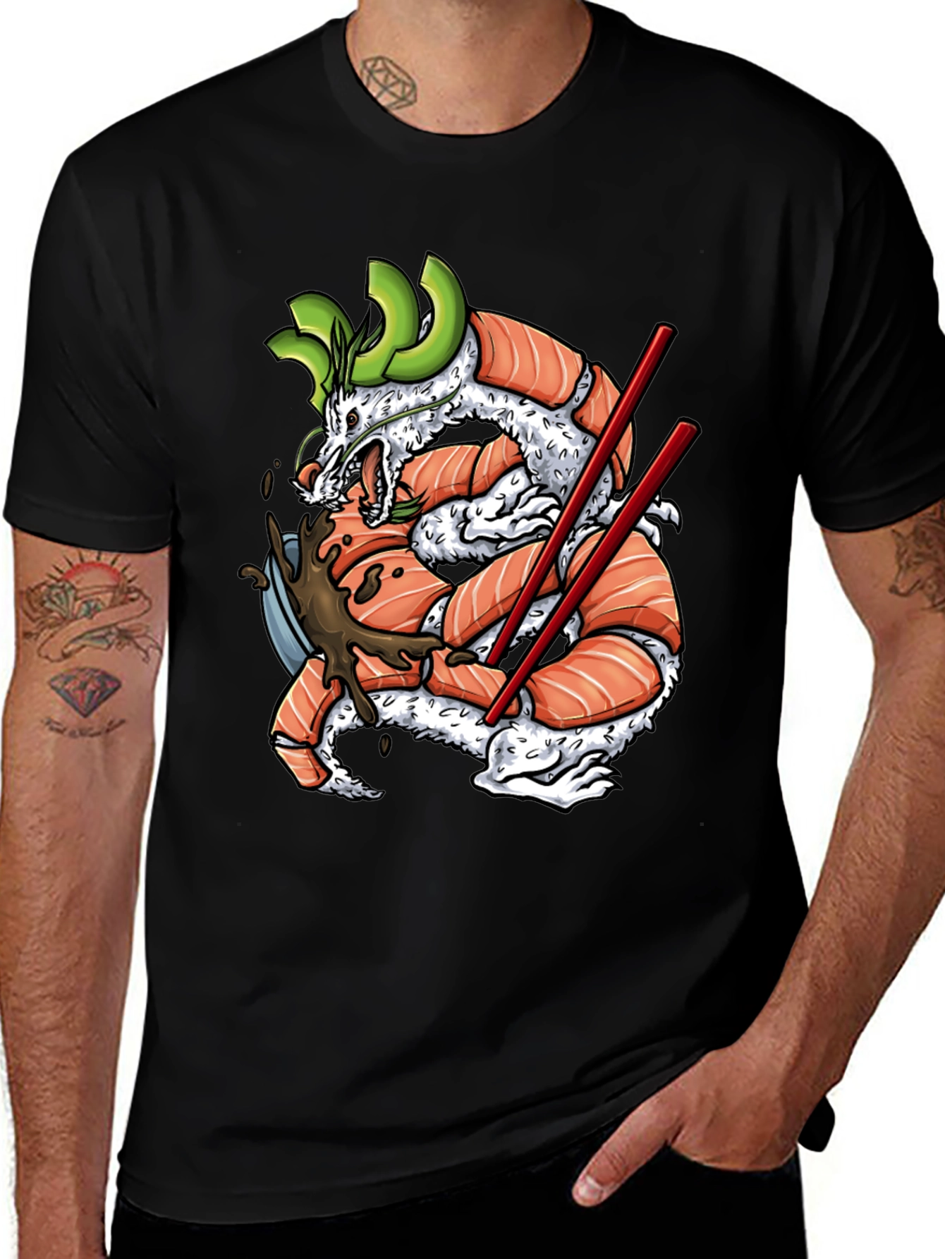 Variant 22 of Sushi Dragon Graphic Tee - Black Cotton T-Shirt