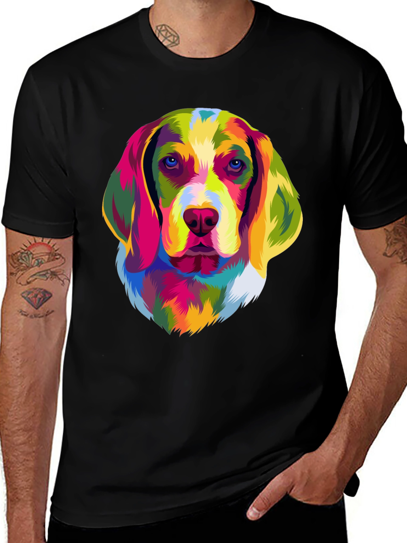 Variant 11 of Colorful Beagle Dog Graphic Print Black T-Shirt