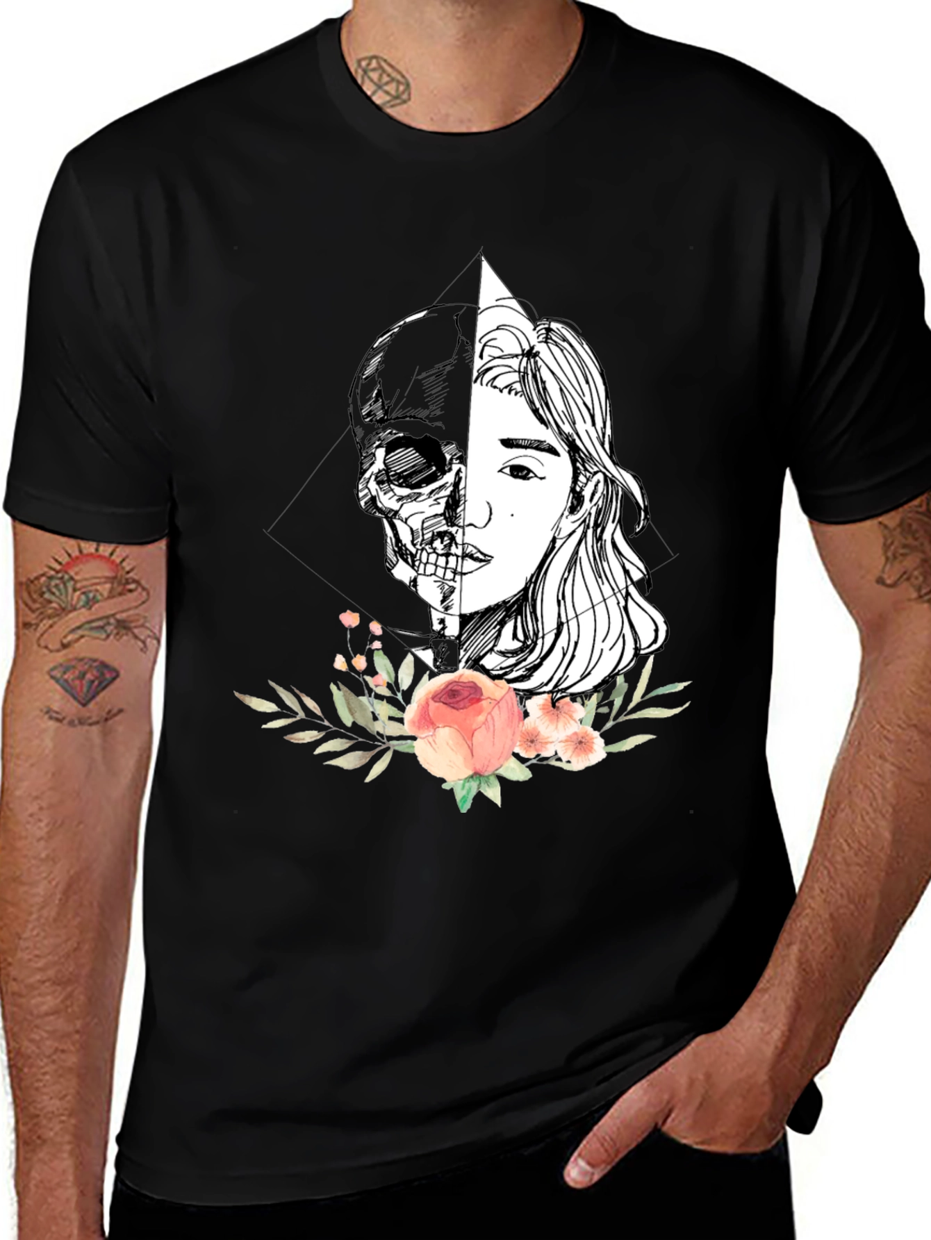 Variant 29 of Half Skull Half Face Floral T-Shirt