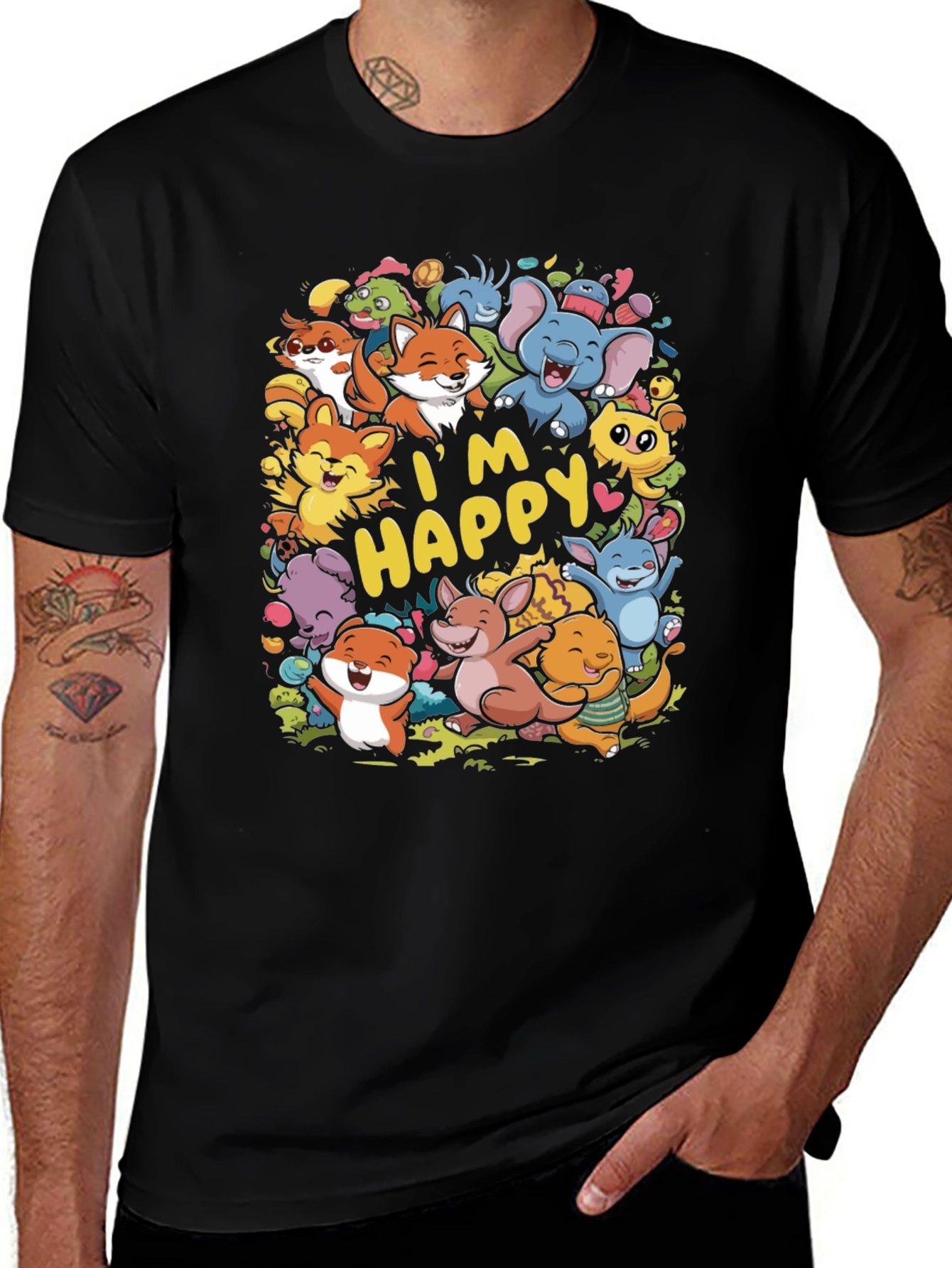 Variant 10 of I'm Happy Animal Cartoon Black T-Shirt