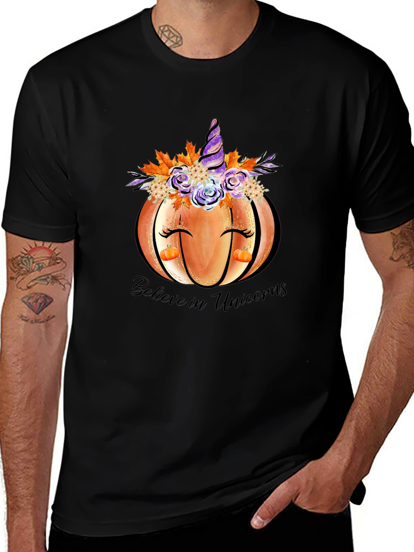Black Pumpkin Unicorn Graphic T-Shirt Fall Tee main image