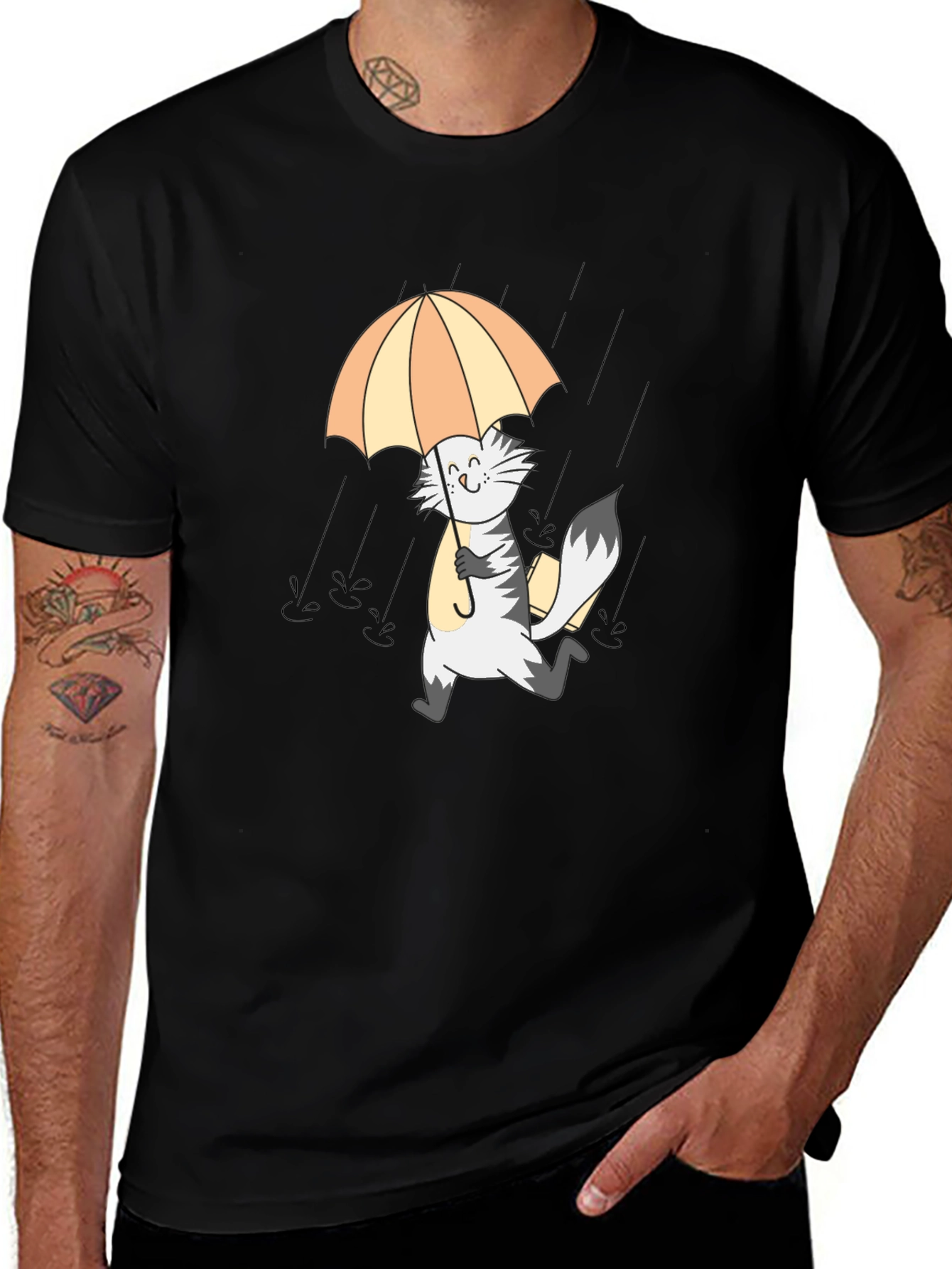Variant 12 of Cat in Rain Graphic Tee - Black Cotton T-Shirt