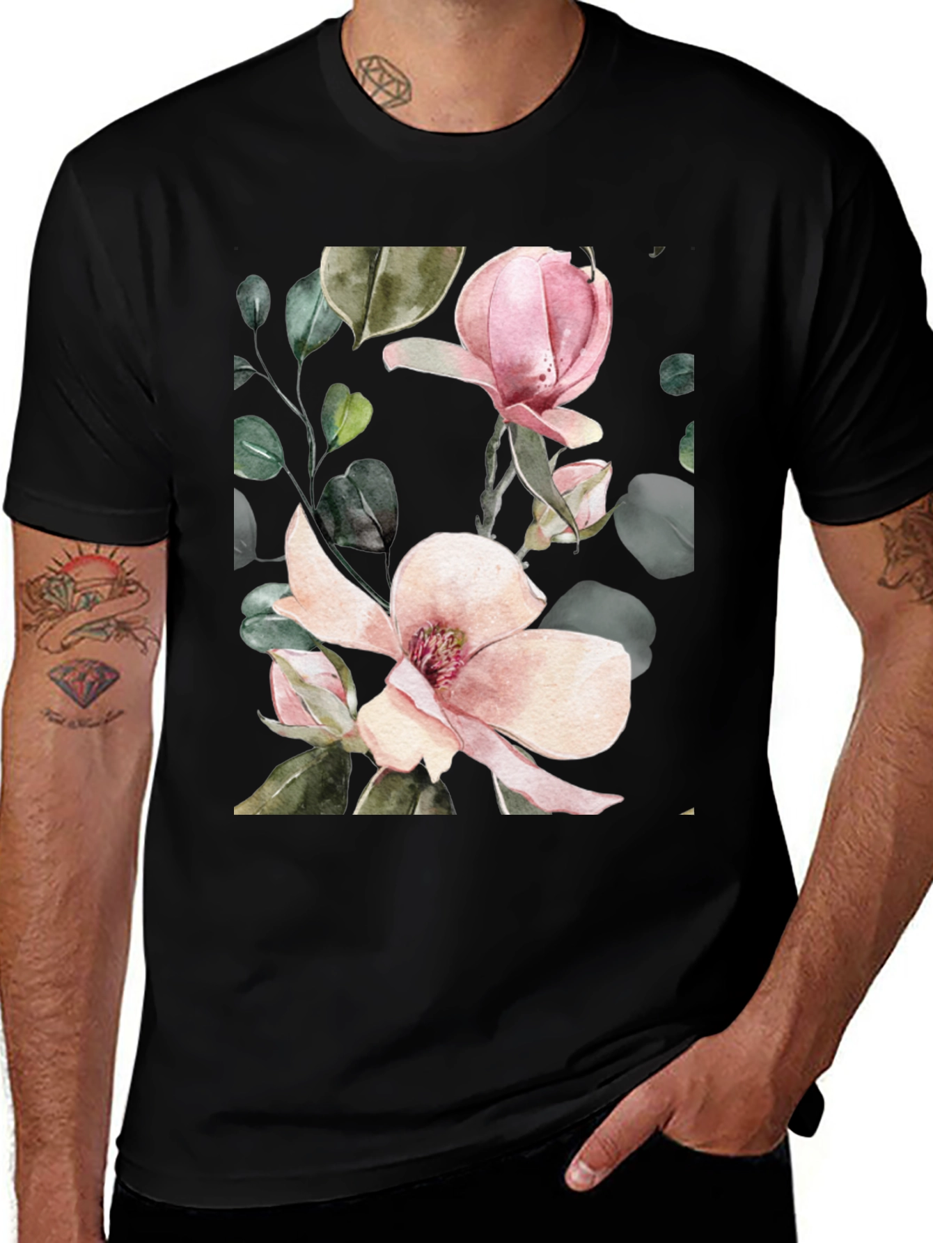 Variant 28 of Floral Magnolia Blossom Black T-Shirt