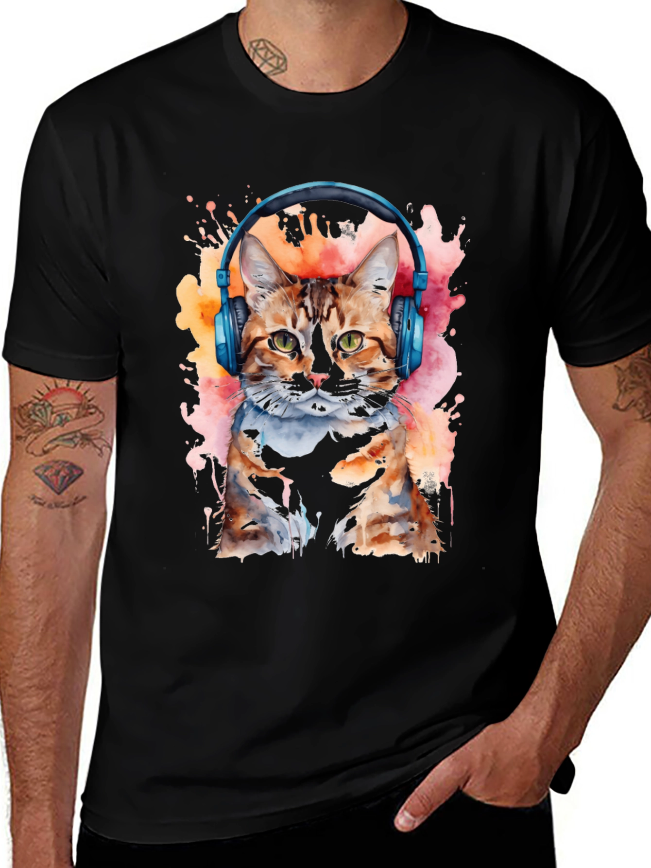 Variant 2 of Cat DJ Graphic Tee - Watercolor Design