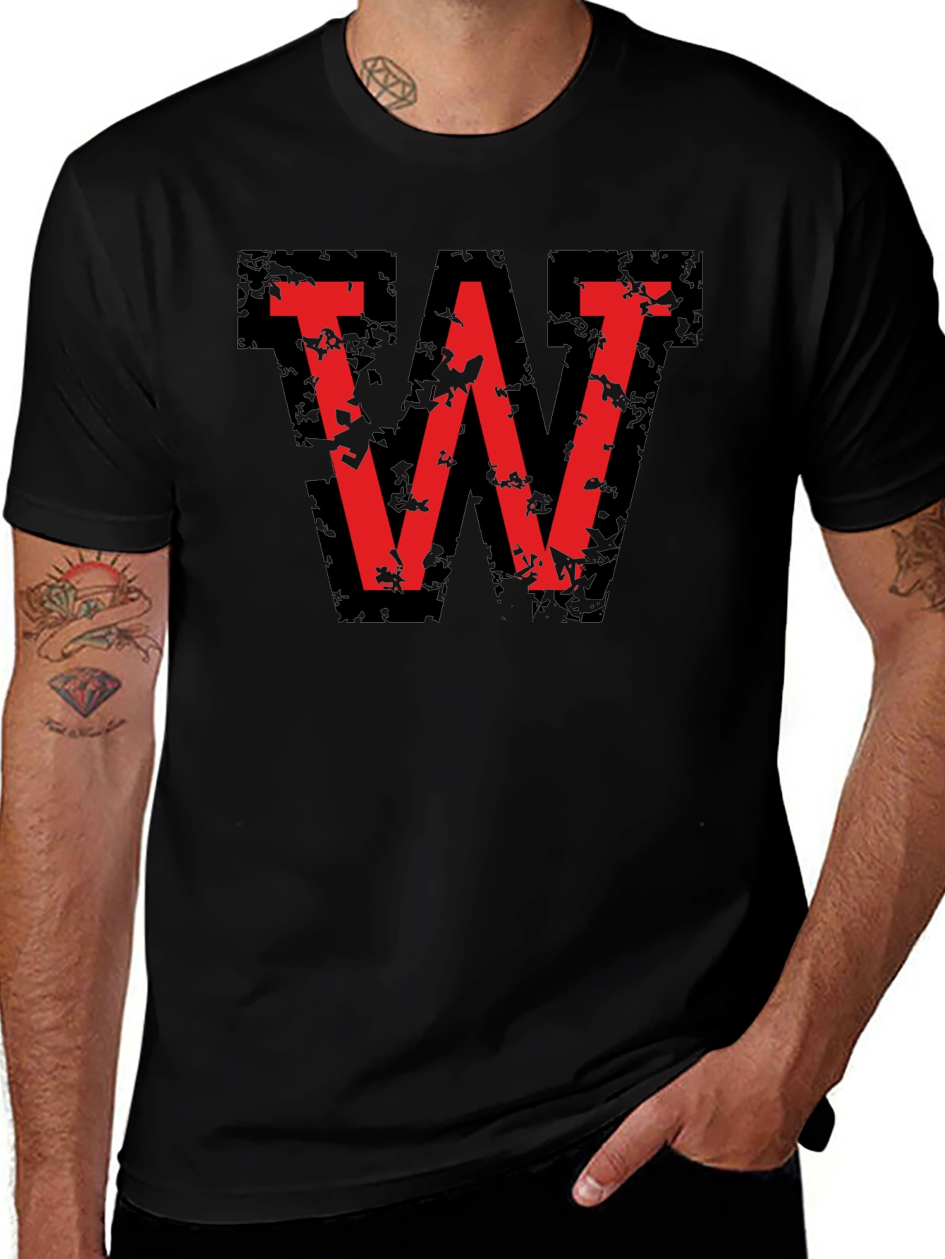 Variant 17 of Distressed Red "W" Graphic Black T-Shirt