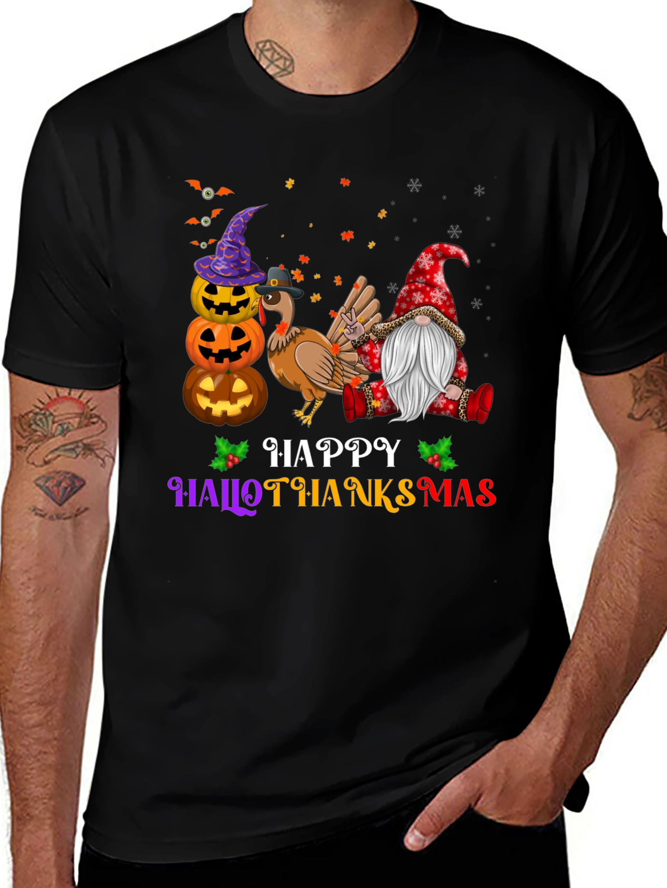 HalloThanksMas T-Shirt with Gnome, Turkey, and Pumpkins