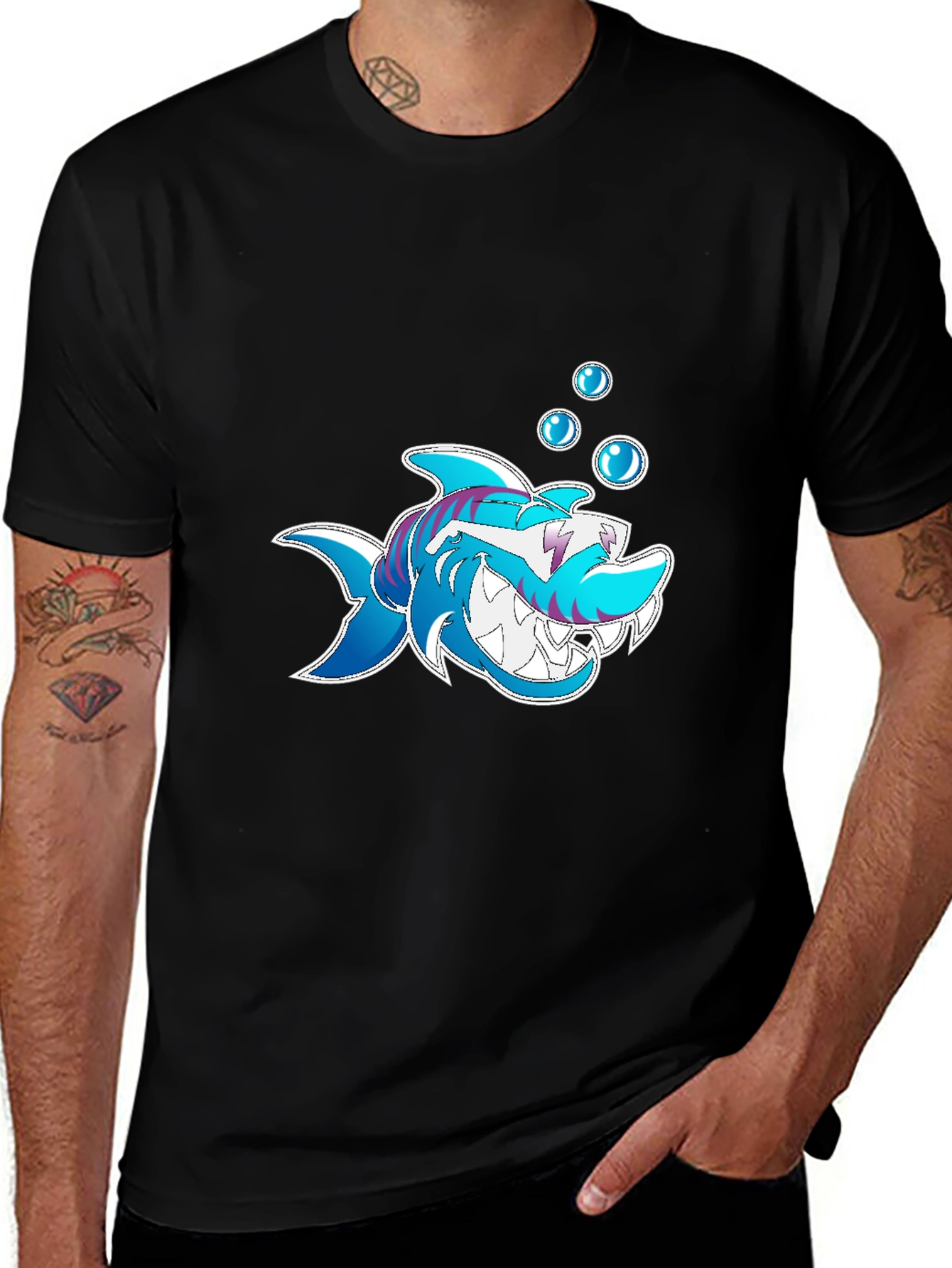 Variant 5 of Shark Cartoon Graphic Black T-Shirt