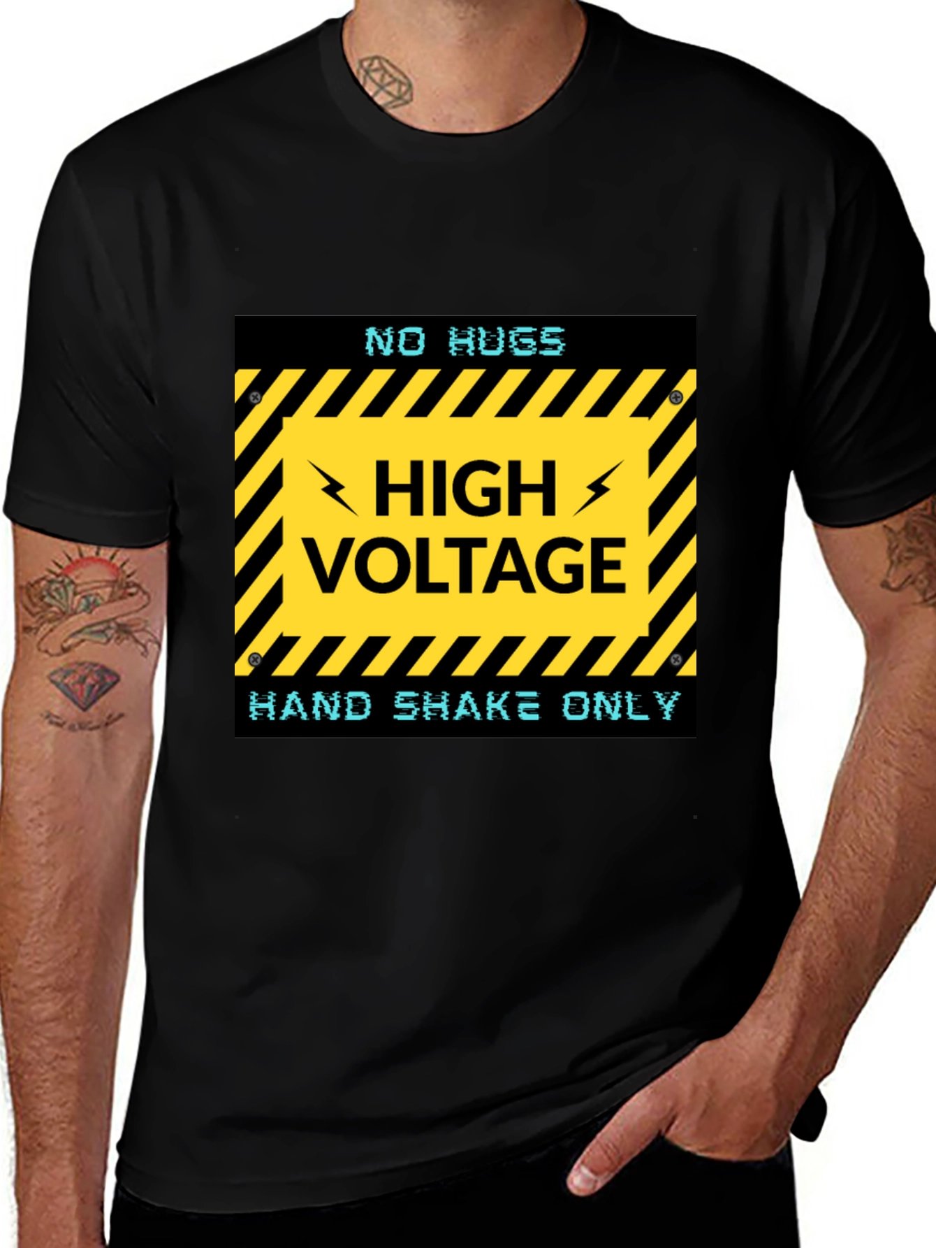 Variant 28 of High Voltage Humor Tee - No Hugs, Handshakes Only!