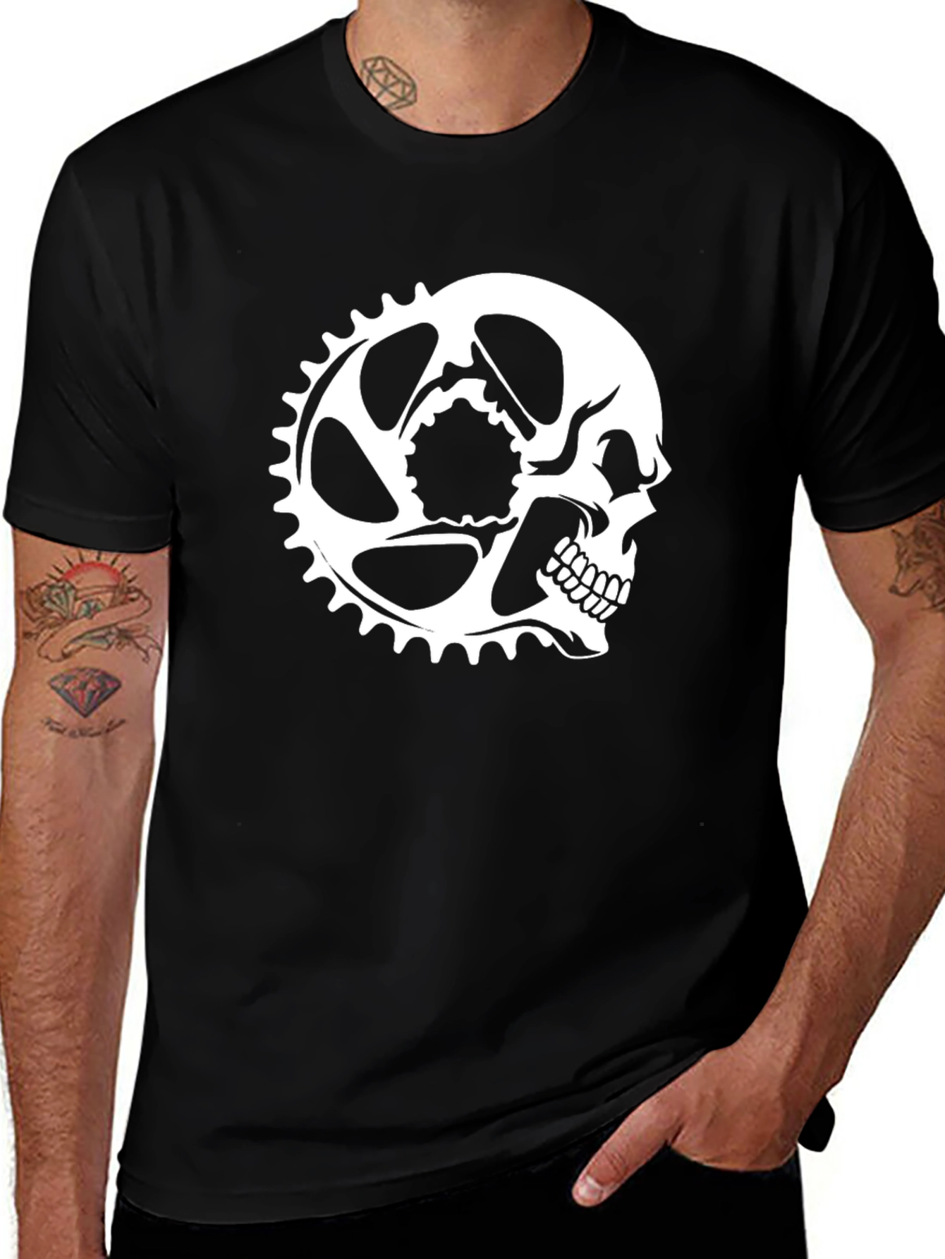 Variant 7 of Skull Chainring Graphic Tee - Black Cotton Casual Shirt