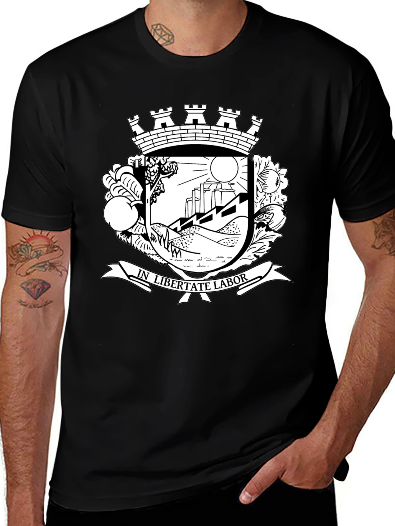 Variant 13 of Black T-Shirt with White Crest Design