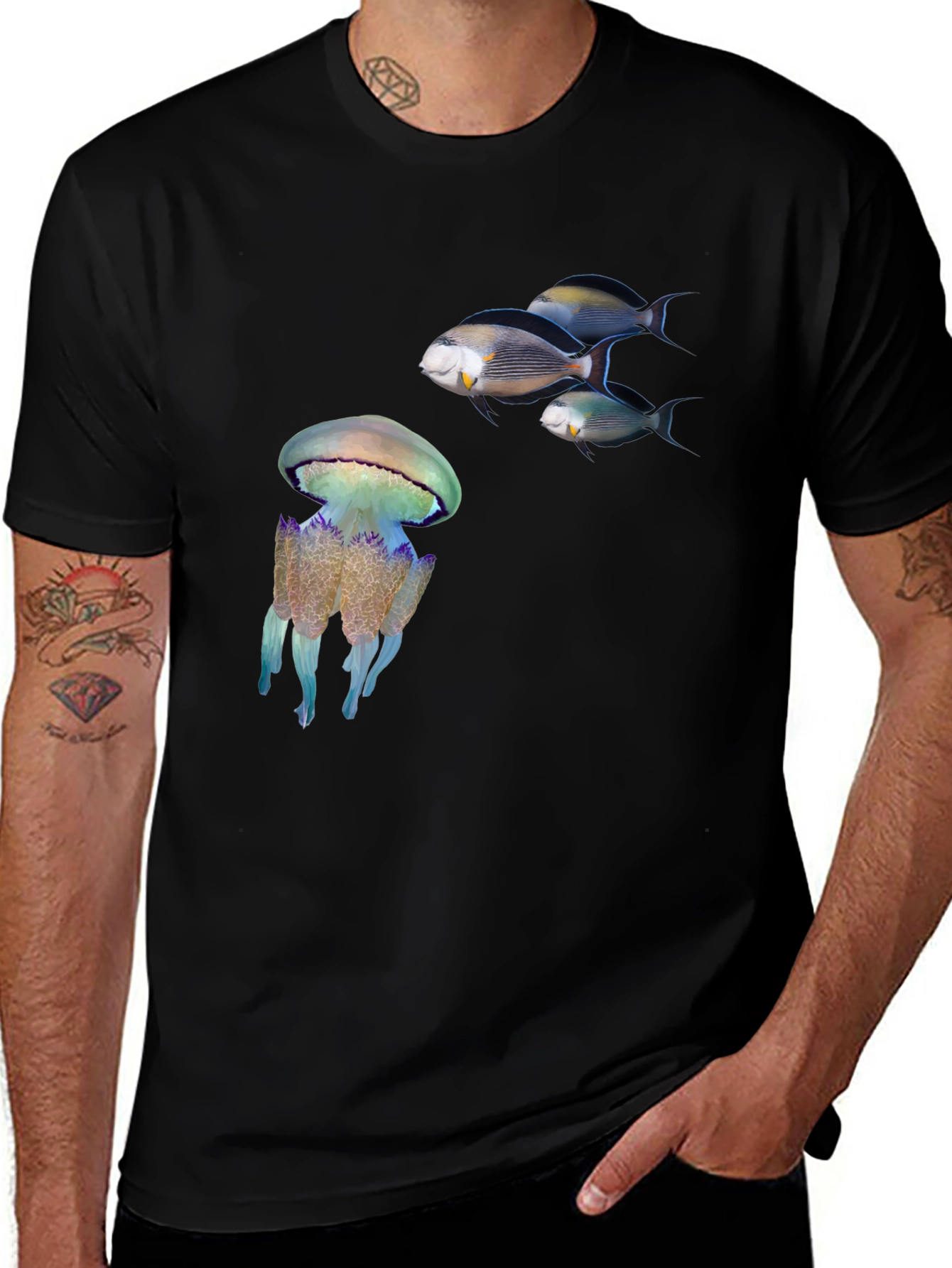 Variant 13 of Ocean Life Black T-Shirt: Jellyfish & Fish