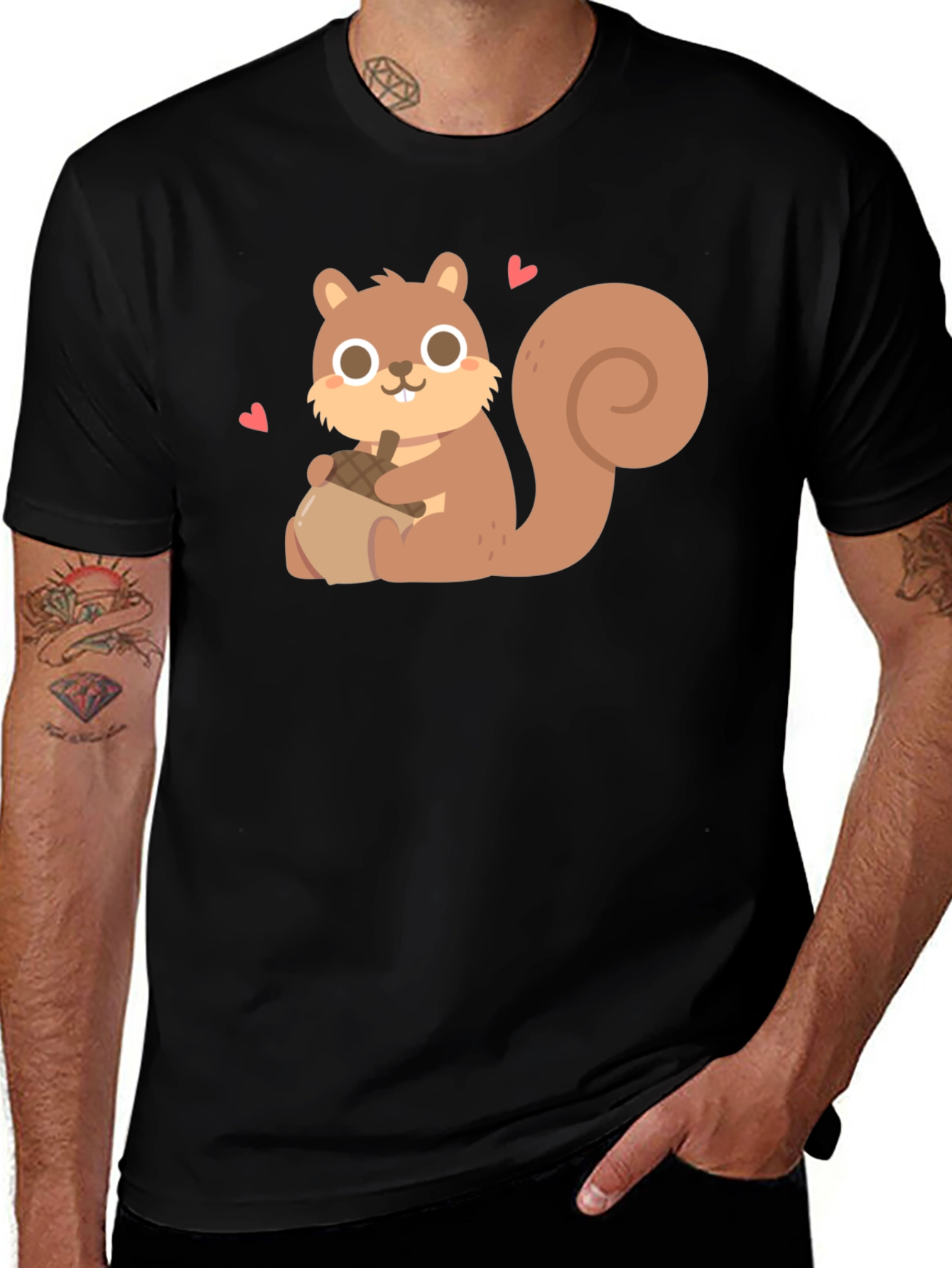 Variant 30 of Cute Squirrel Holding Acorn Graphic Tee - Black