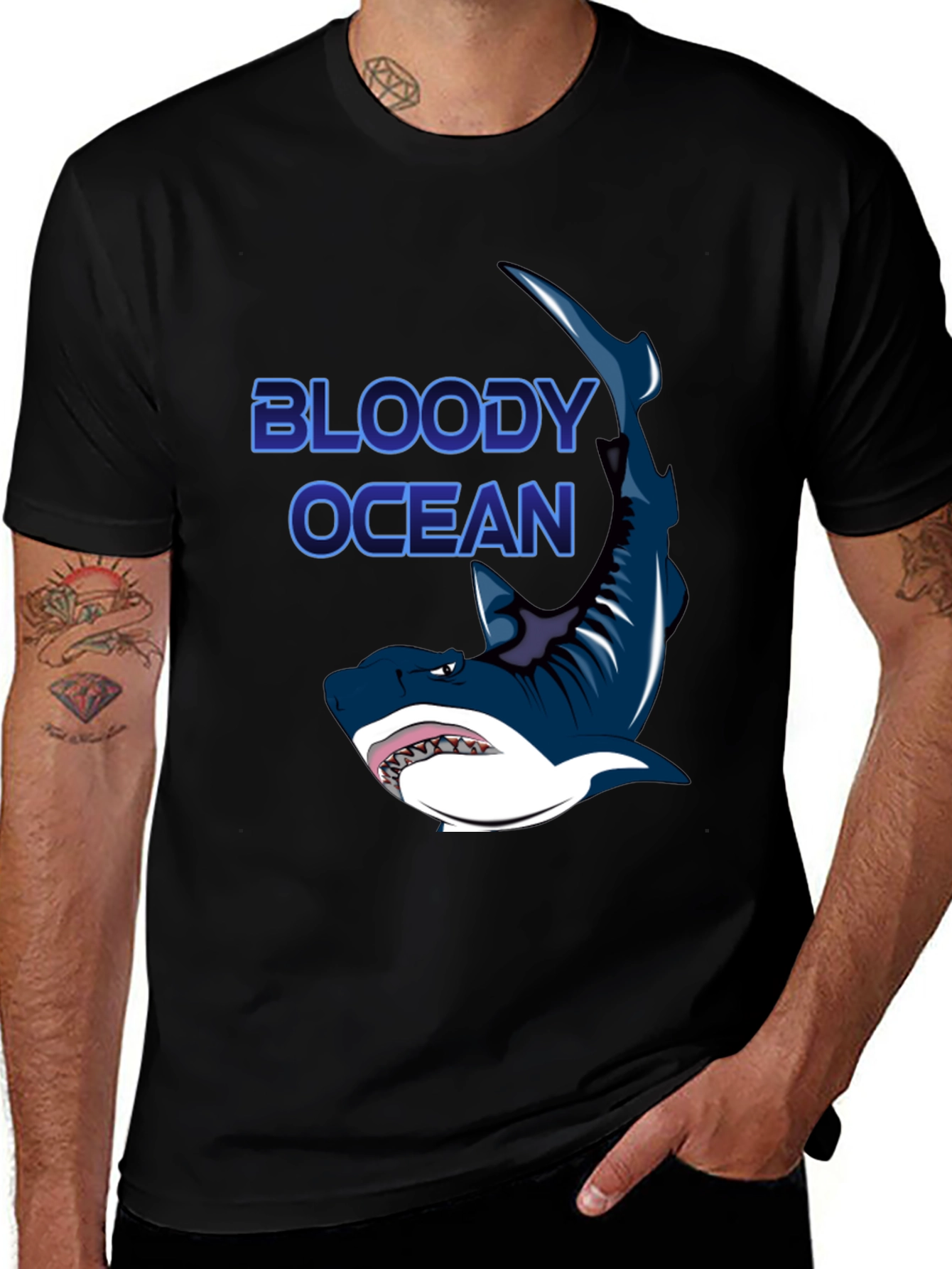 Variant 7 of Bloody Ocean Shark Graphic Black T-Shirt