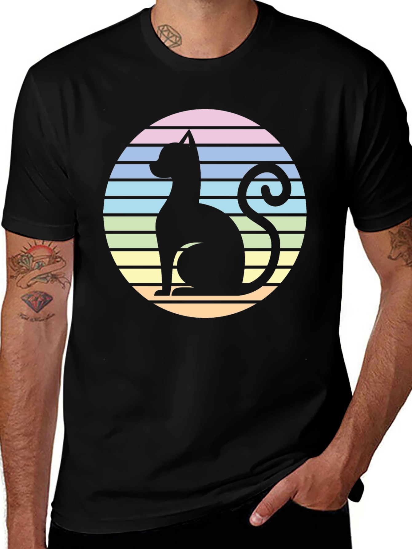 Variant 7 of Retro Cat Silhouette T-Shirt - Striped Circle Design