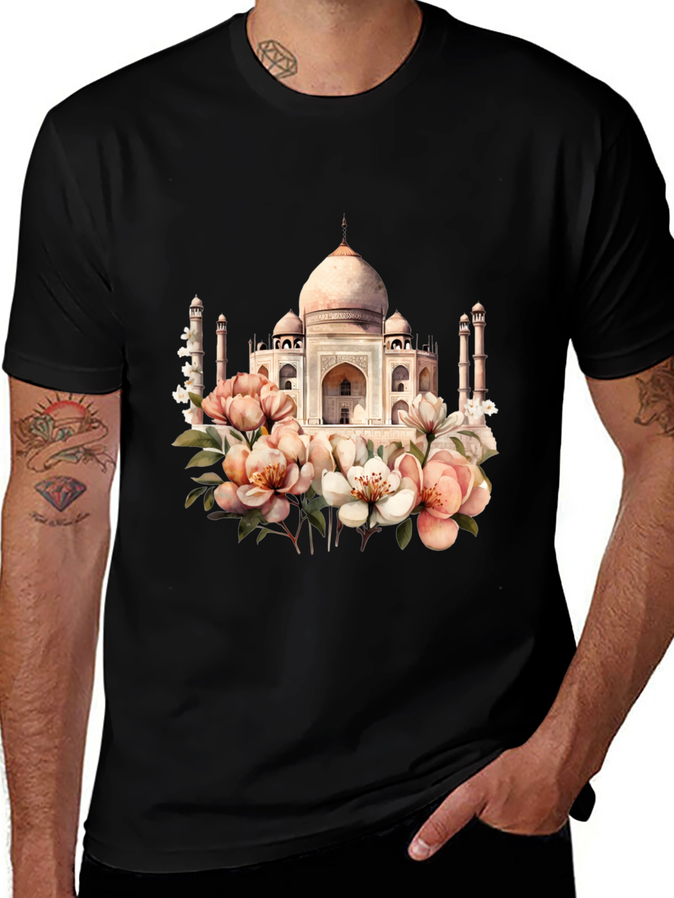 Variant 13 of Taj Mahal Floral Graphic Tee - Black T-Shirt