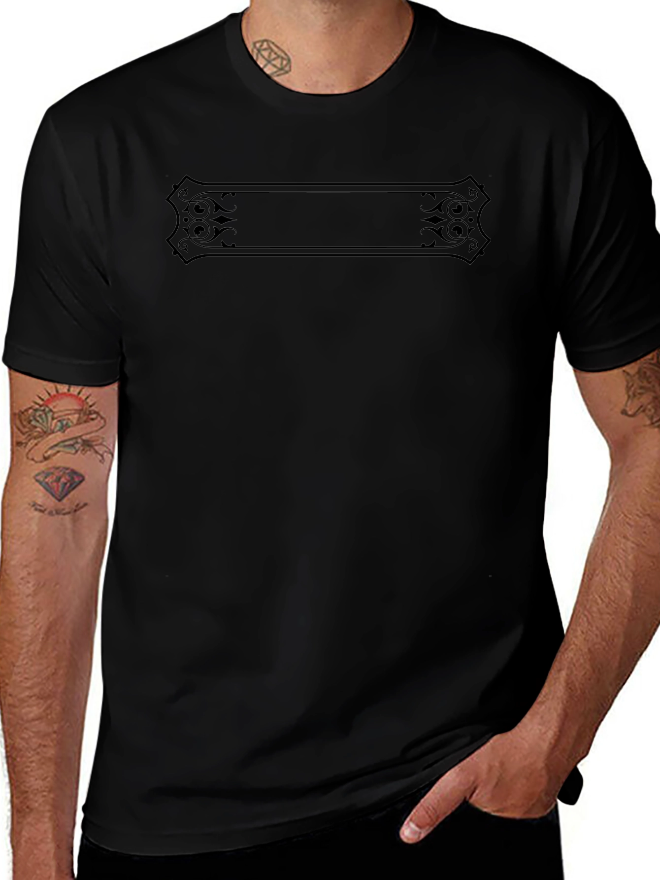 Black Graphic T-Shirt with Ornate Frame Design