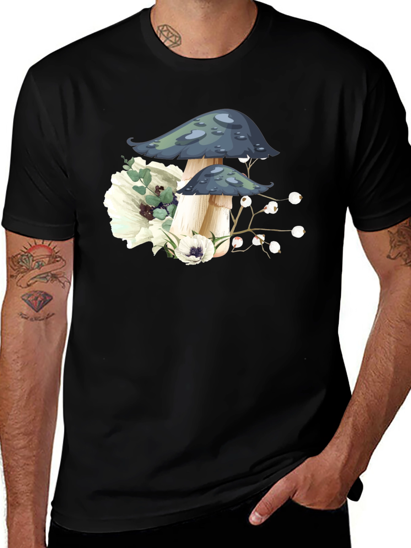 Variant 16 of Mushroom Floral Graphic Tee - Black