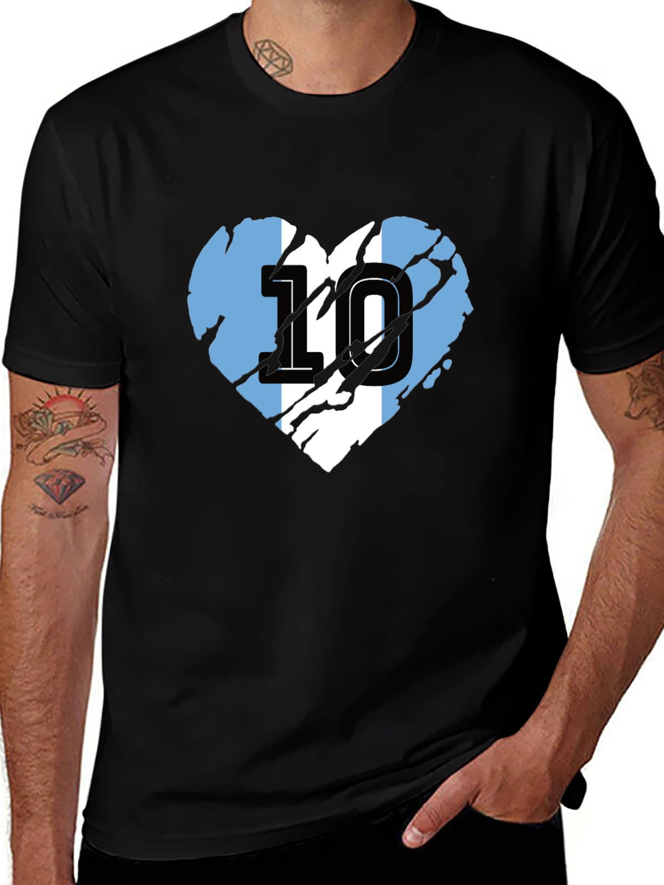 Argentina Flag Heart Number 10 Black T-Shirt