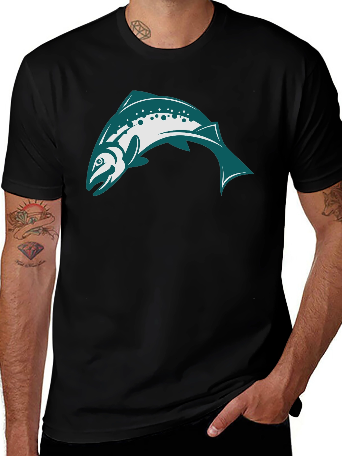 Variant 30 of Black T-Shirt with Teal & White Fish Design