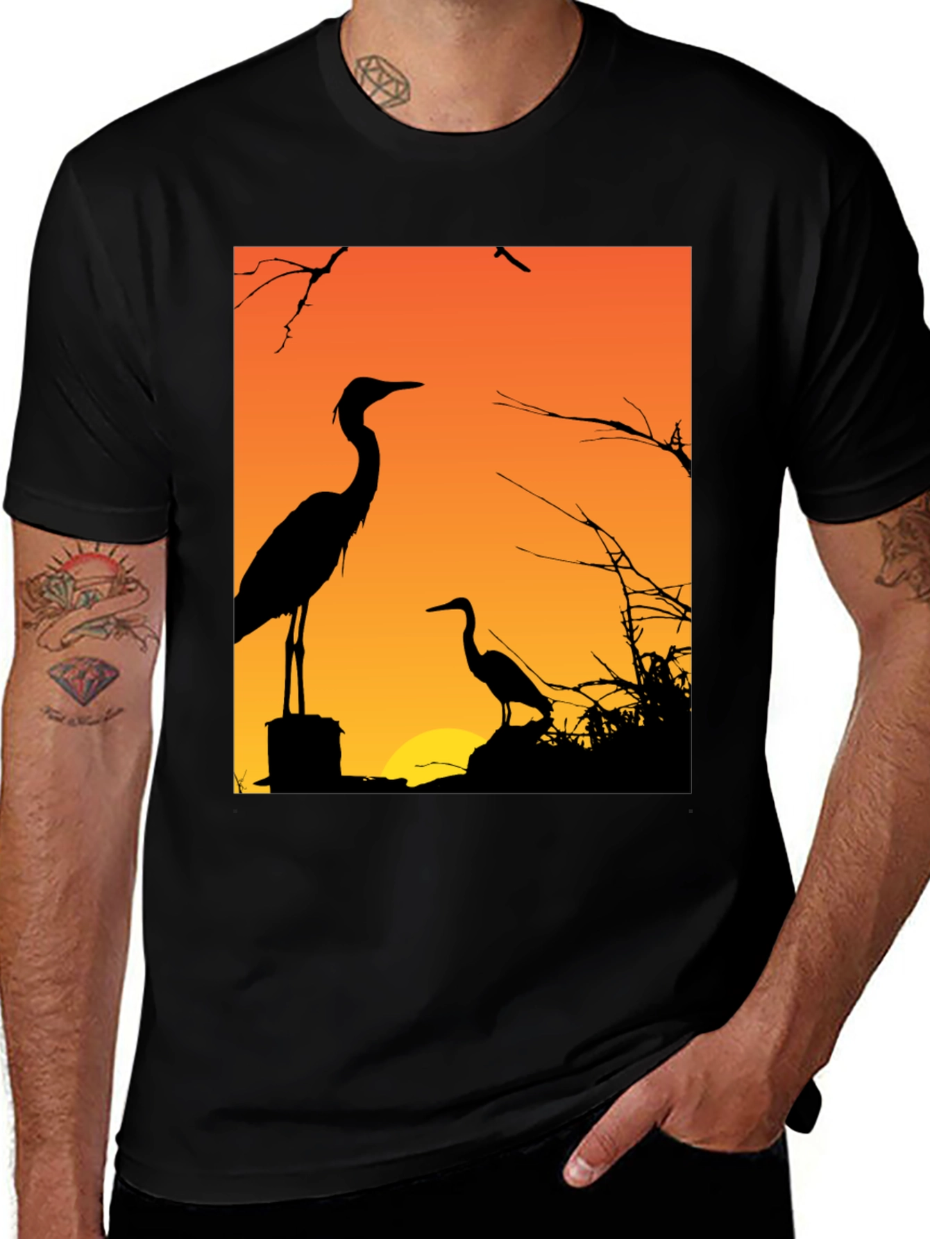 Variant 8 of Heron Sunset Graphic Tee - Black Cotton T-Shirt