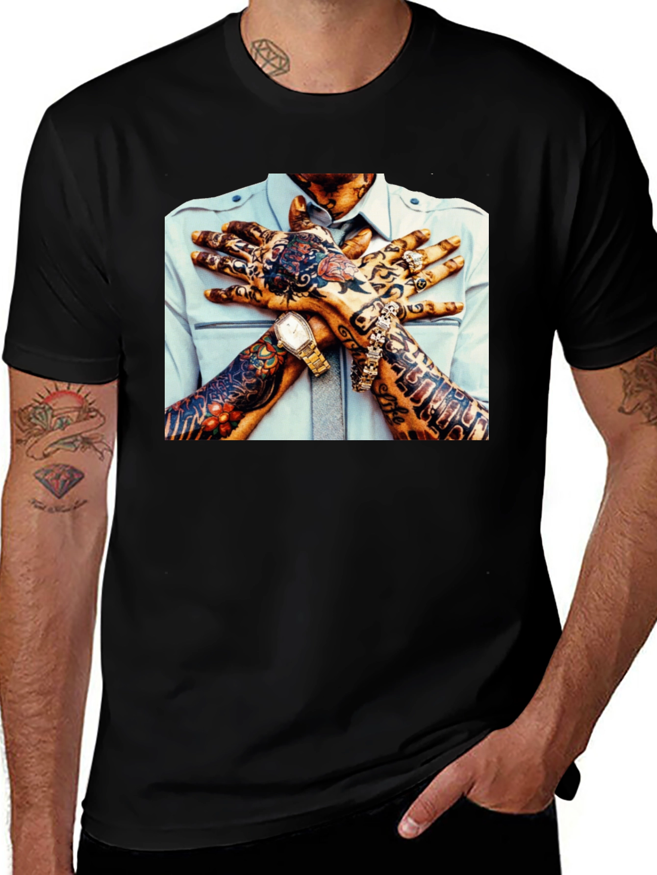 Variant 5 of Tattoo Hands Graphic Black T-Shirt