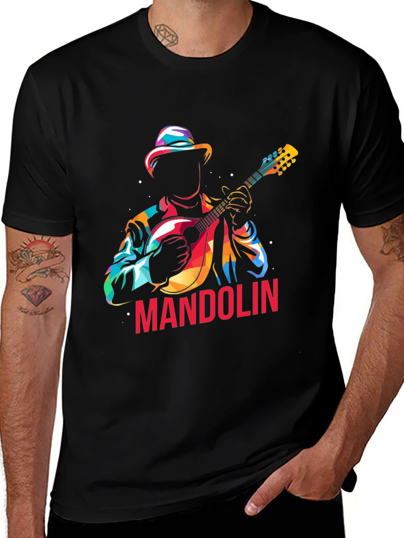 Variant 11 of Mandolin Player Graphic Tee - Black Cotton Shirt